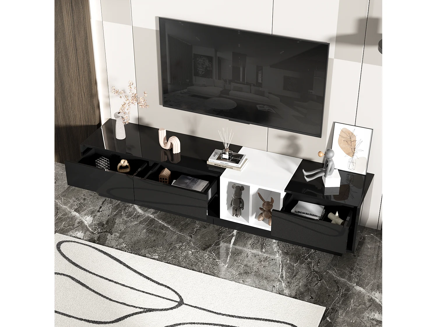 TV-kasten met 3 lades en 3 opbergnissen - 190 x 40 x 34 cm - Spaanplaat - Zwart