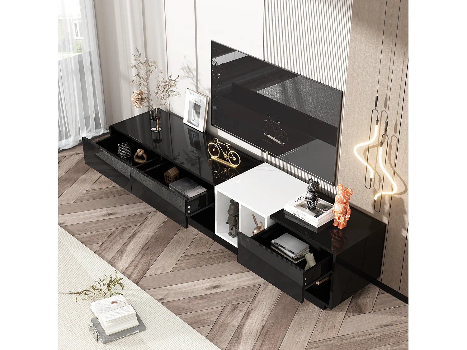 TV-kasten met 3 lades en 3 opbergnissen - 190 x 40 x 34 cm - Spaanplaat - Zwart