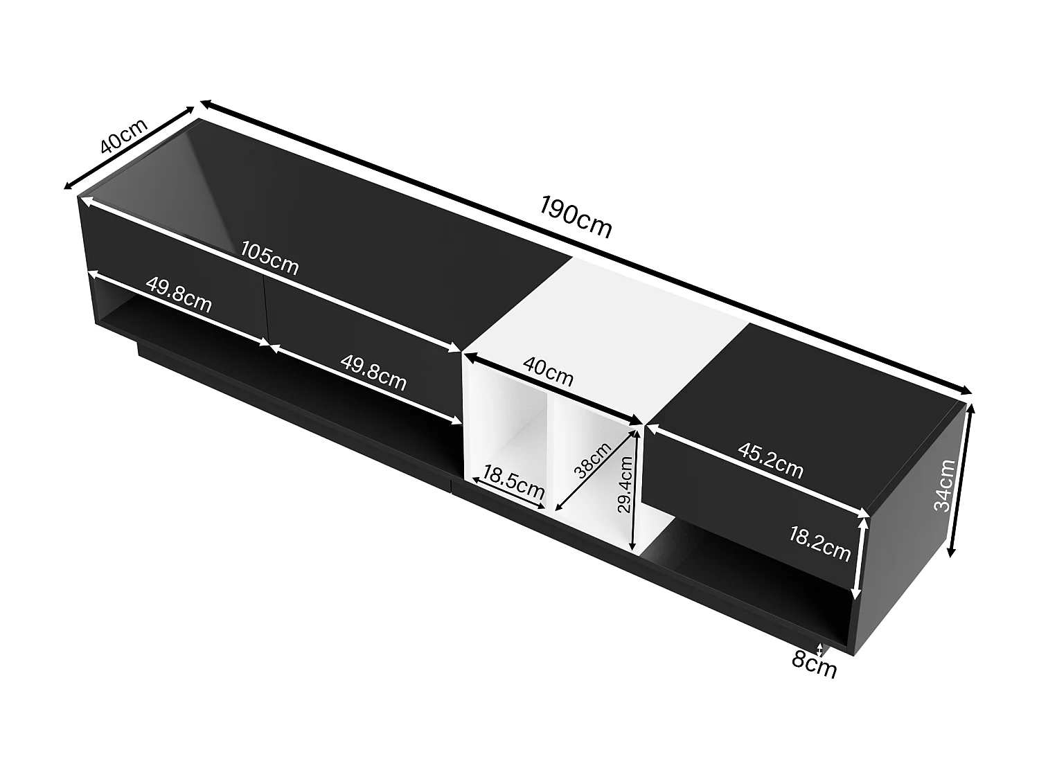 TV-kasten met 3 lades en 3 opbergnissen - 190 x 40 x 34 cm - Spaanplaat - Zwart
