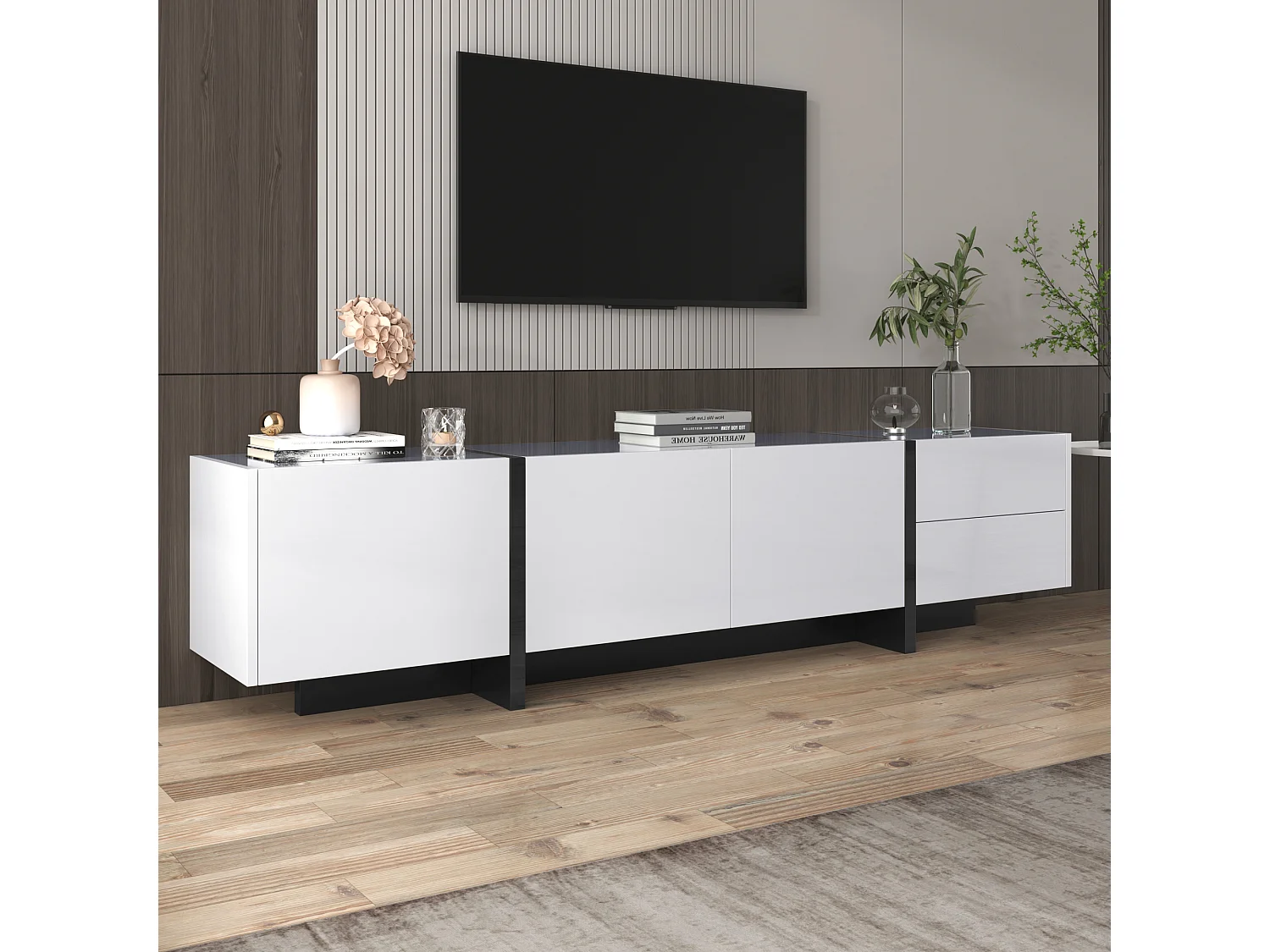 TV-Schränke mit 3 Türen und 2 Schubladen – 190 x 35 x 45 cm – Spanplatte – Weiß + Schwarz