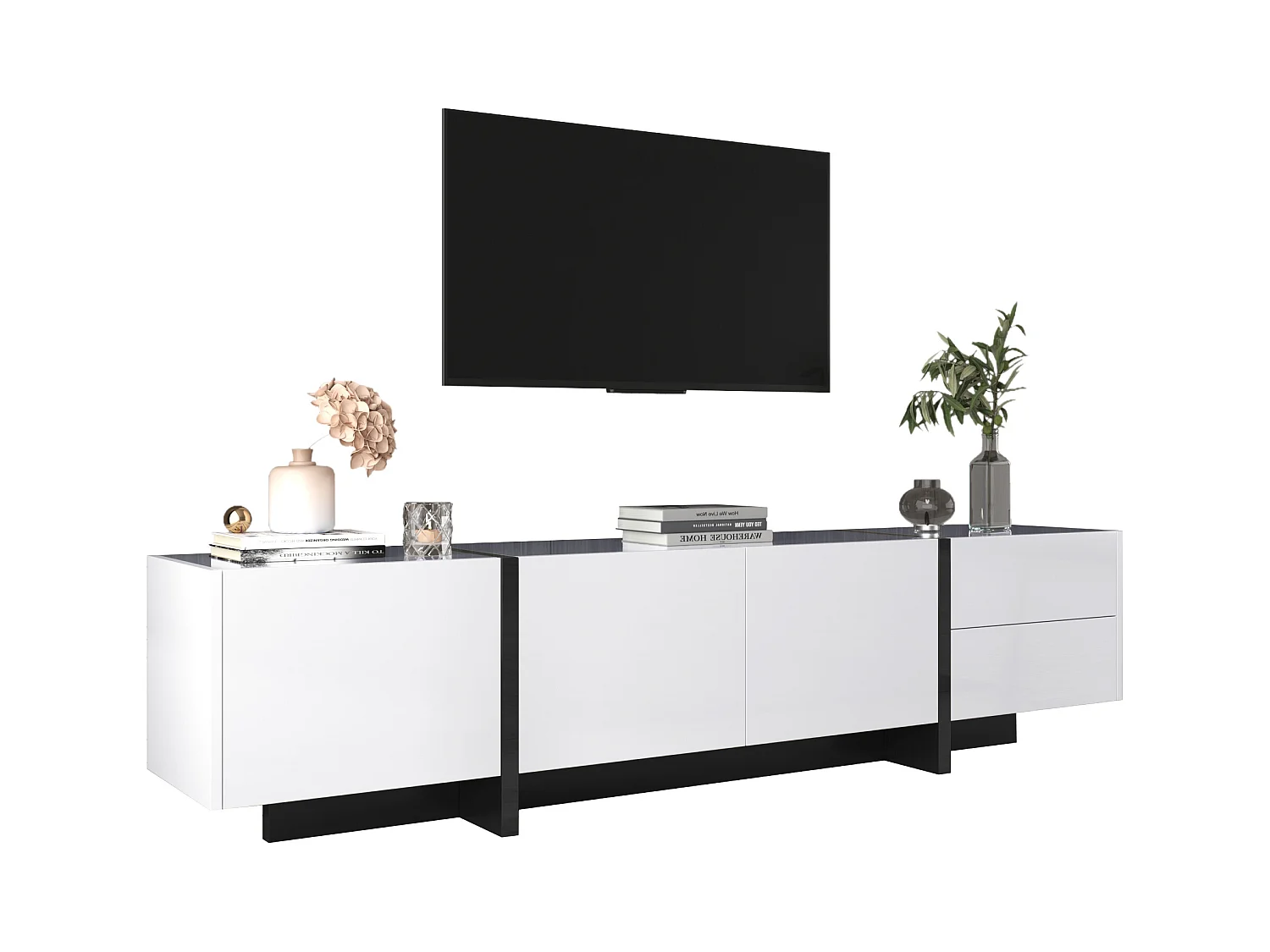 TV-Schränke mit 3 Türen und 2 Schubladen – 190 x 35 x 45 cm – Spanplatte – Weiß + Schwarz