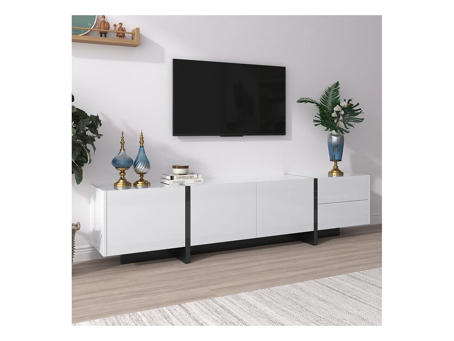 TV-Schränke mit 3 Türen und 2 Schubladen – 190 x 35 x 45 cm – Spanplatte – Weiß + Schwarz