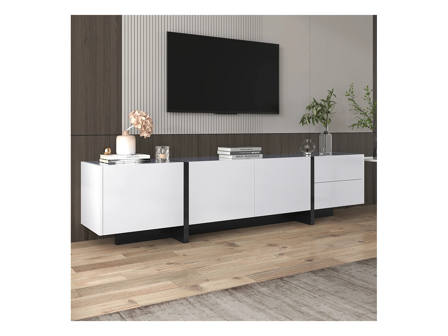 TV-kasten met 3 deuren en 2 lades - 190 x 35 x 45 cm - Spaanplaat - Wit + zwart