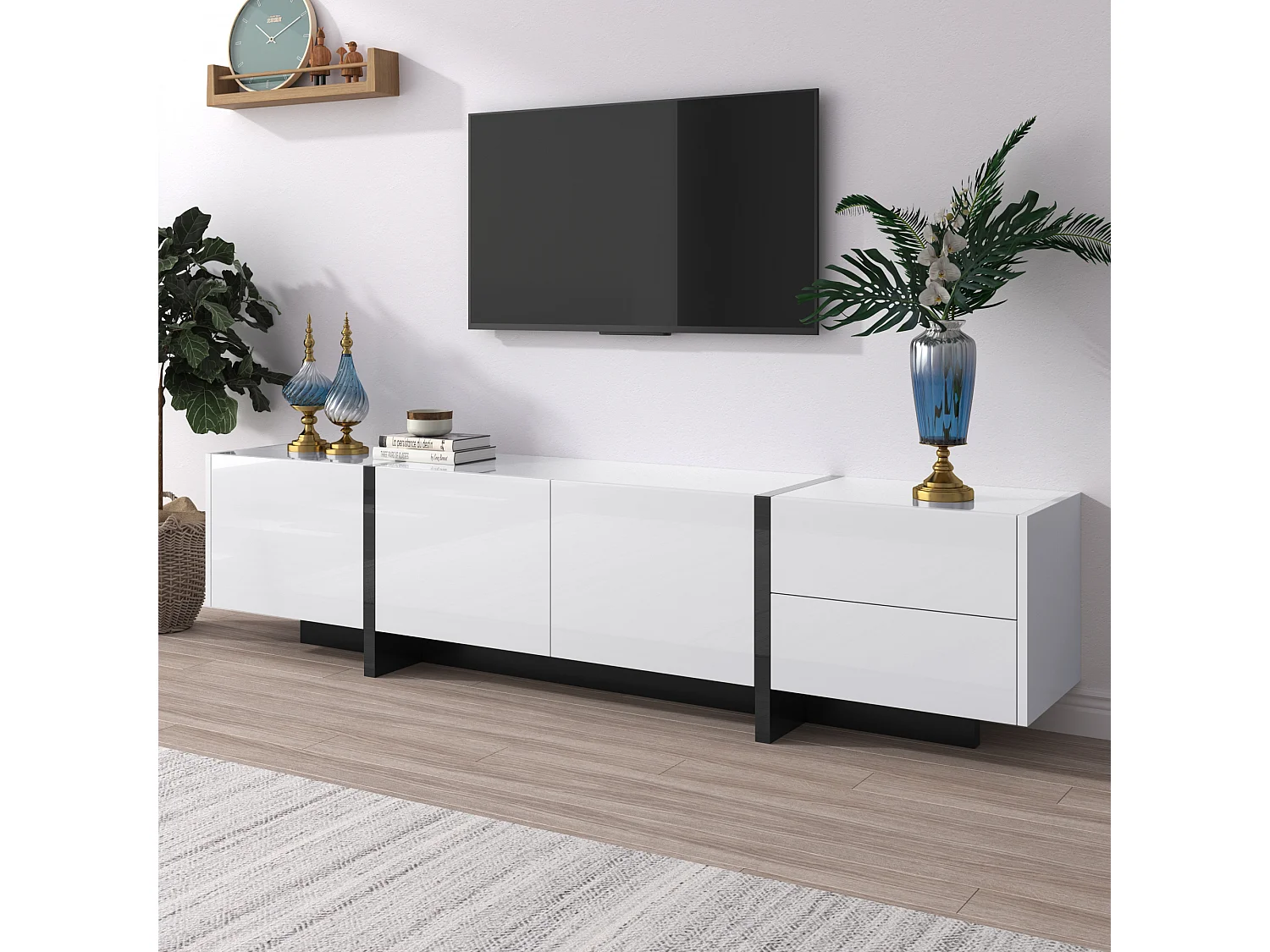 TV-kasten met 3 deuren en 2 lades - 190 x 35 x 45 cm - Spaanplaat - Wit + zwart