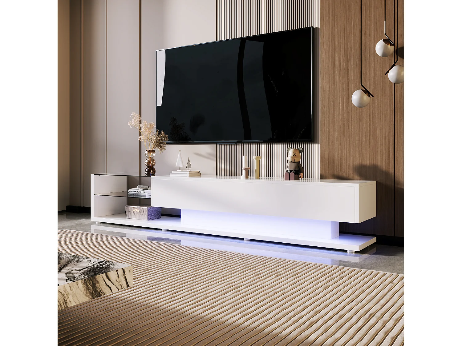 Mobile TV con 2 cassetti e ripiani in vetro - 170 x 36 x 38 cm - LED - Truciolare - Bianco
