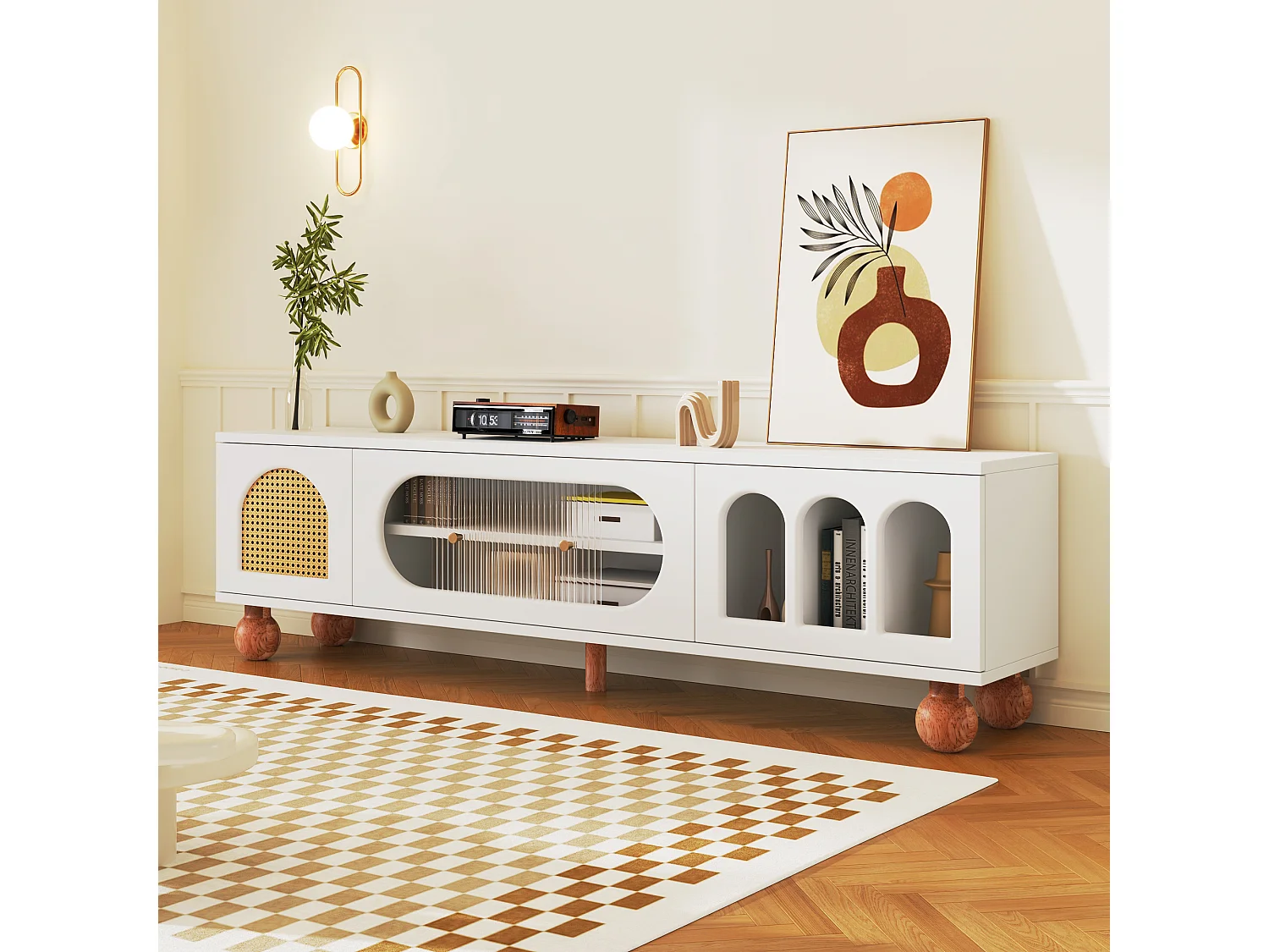 Móveis de TV com 4 portas de vime e vidro - 170 x 37 x 47 cm - aglomerado e pés de madeira maciça - branco