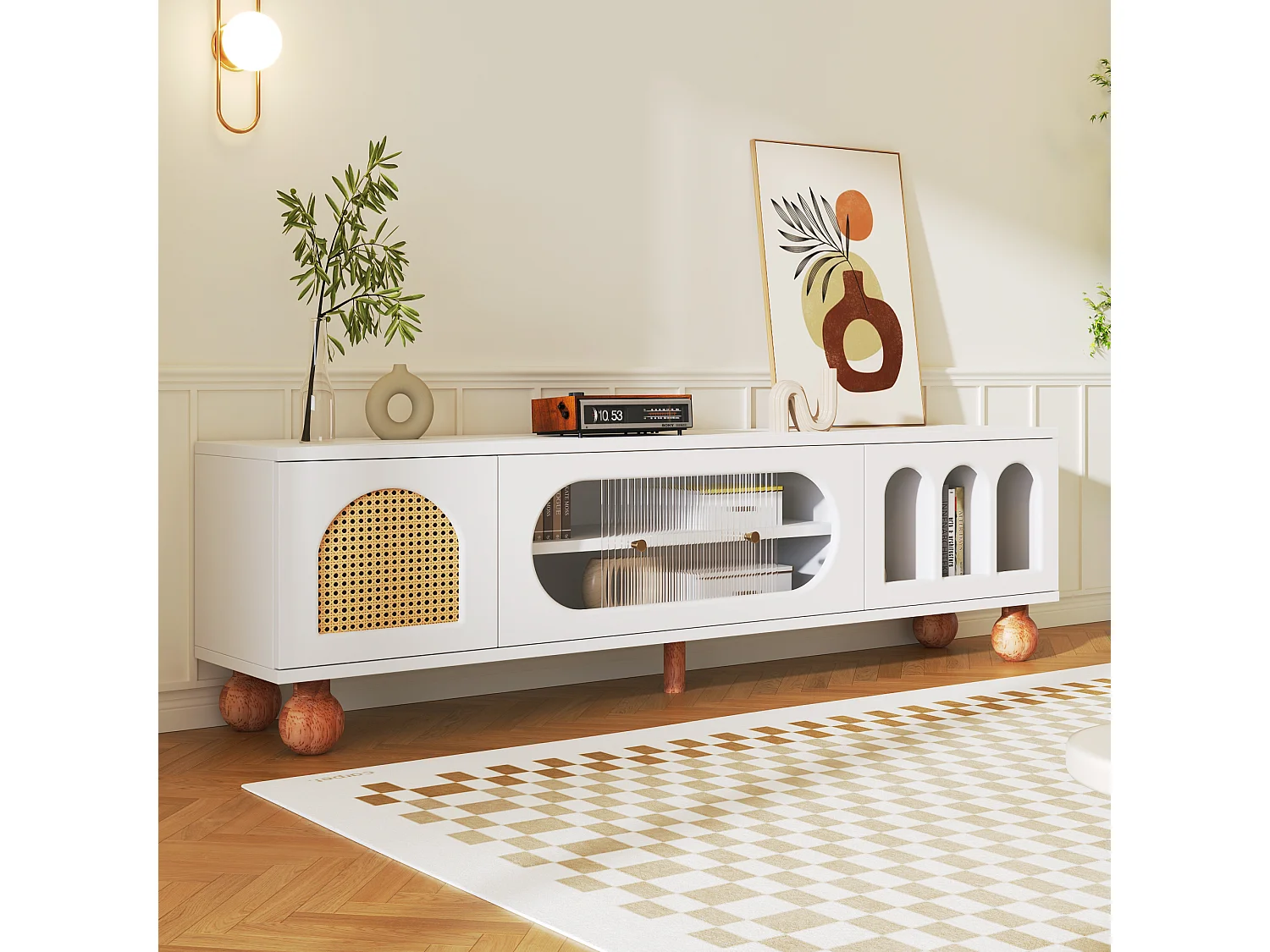 Móveis de TV com 4 portas de vime e vidro - 170 x 37 x 47 cm - aglomerado e pés de madeira maciça - branco