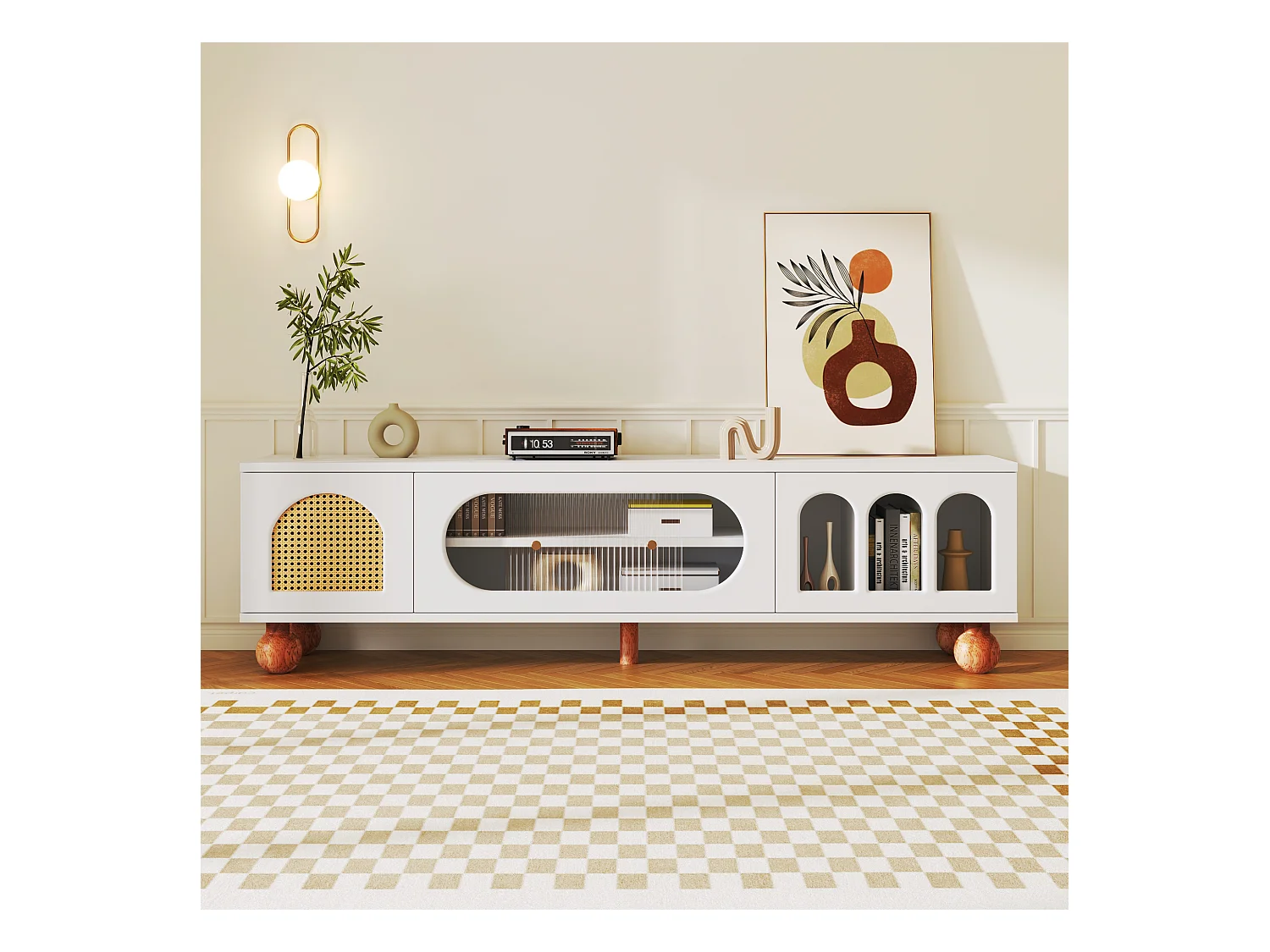 Meubles TV avec 4 portes en rotin et en verre - 170 x 37 x 47 cm - panneaux de particules et pieds en bois massif - blanc