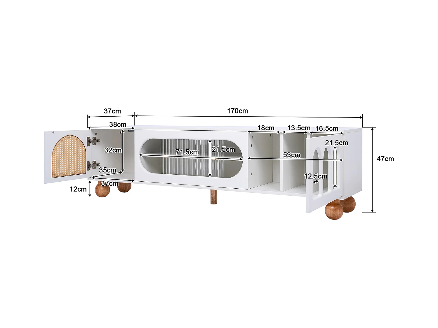 Meubles TV avec 4 portes en rotin et en verre - 170 x 37 x 47 cm - panneaux de particules et pieds en bois massif - blanc