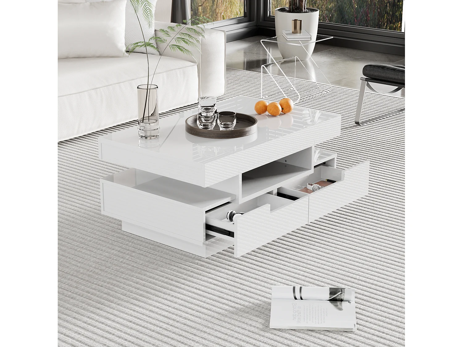 Mesa de centro com 4 gavetas - 80 x 50 x 36 cm - LEDs - Aglomerado - Branco