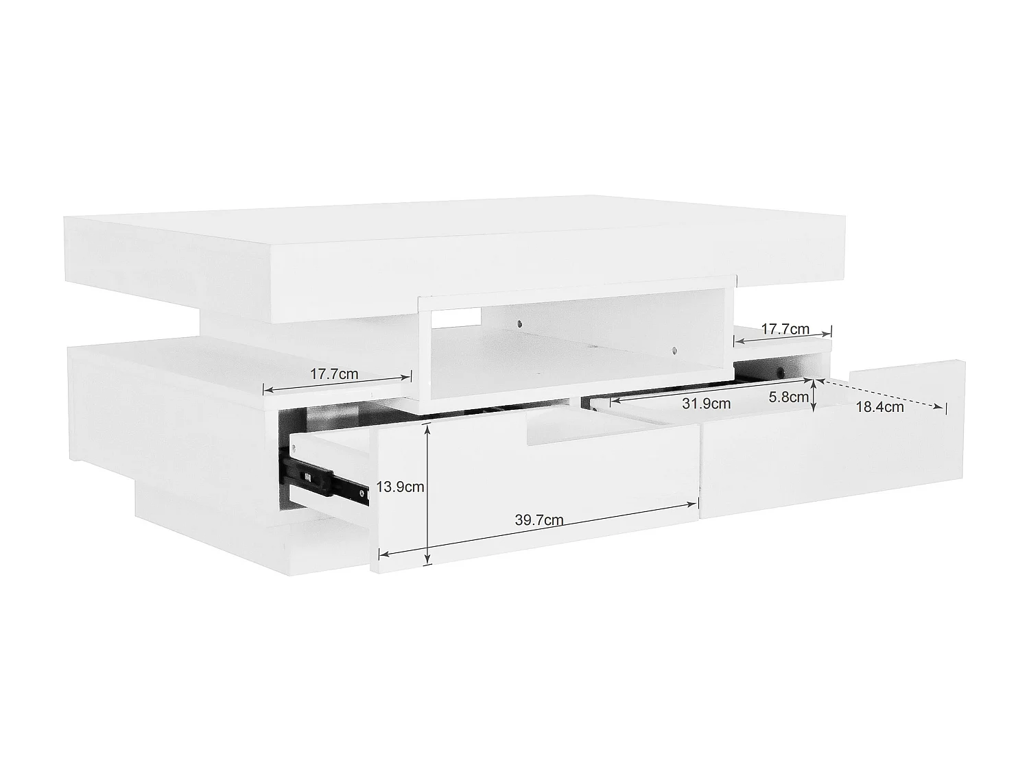 Mesa de centro com 4 gavetas - 80 x 50 x 36 cm - LEDs - Aglomerado - Branco