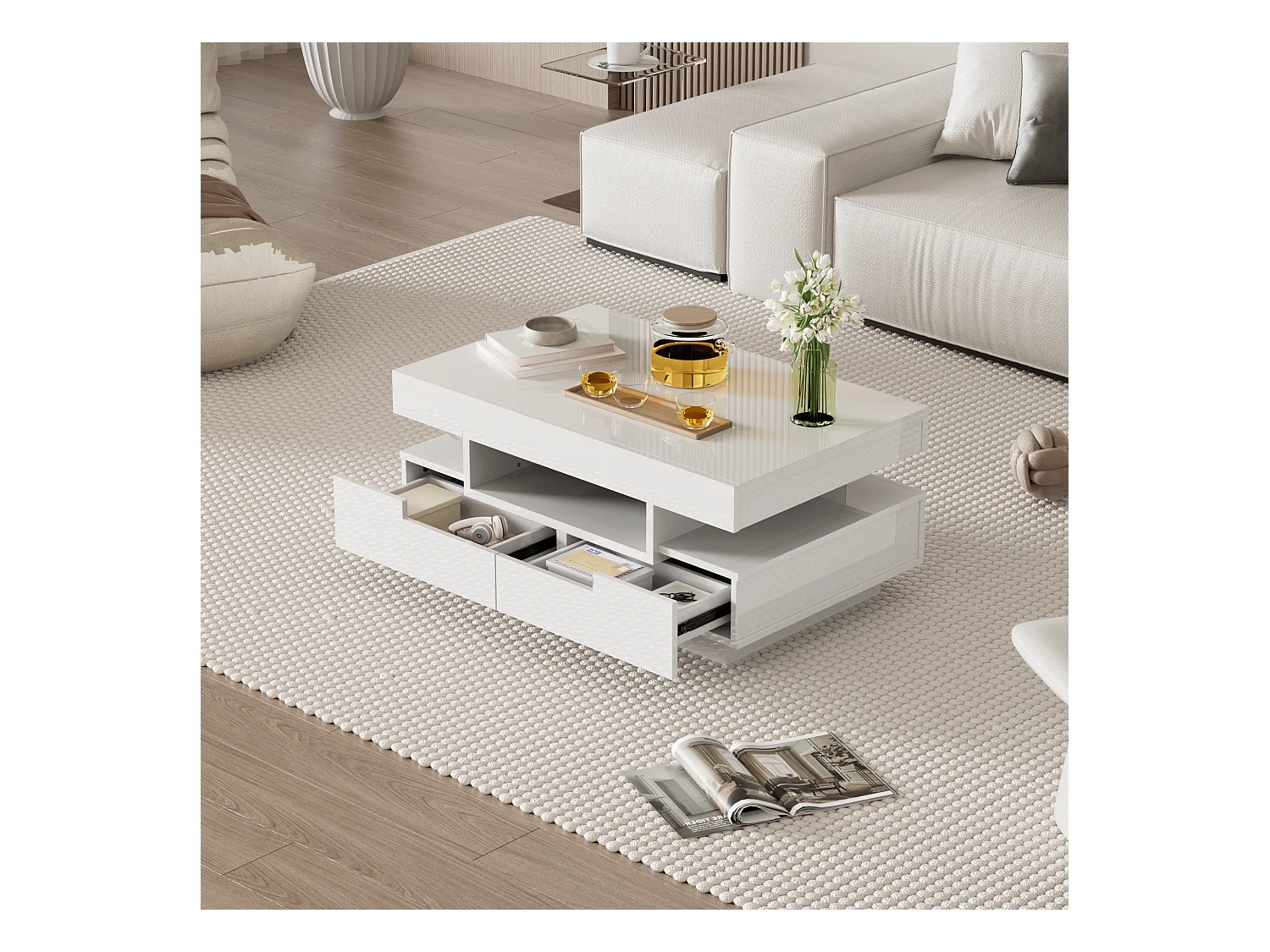 Salontafel met 4 lades - 80 x 50 x 36 cm - LED's - Spaanplaat - Wit