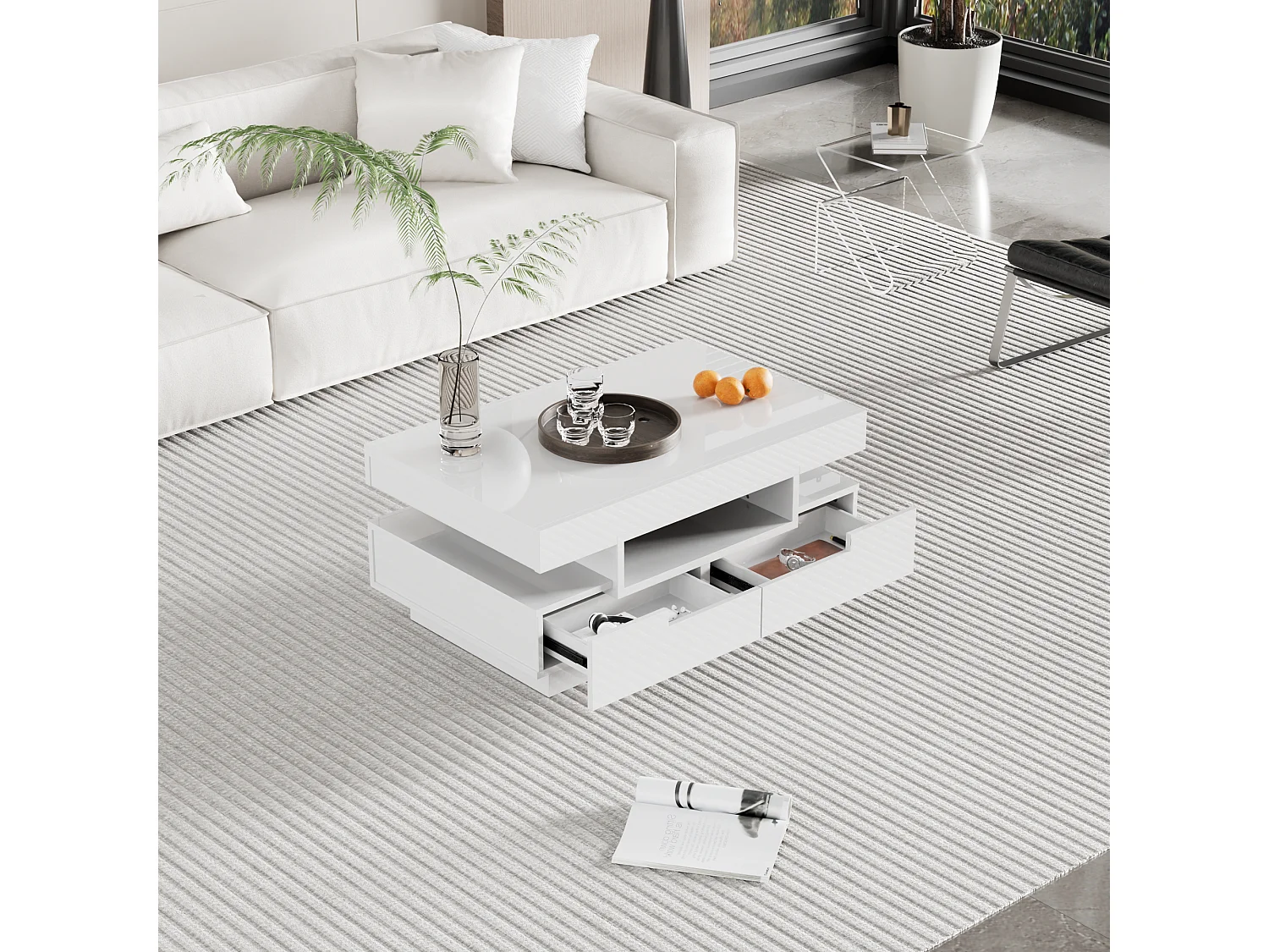 Table basse avec 4 tiroirs - 80 x 50 x 36 cm - LEDs - Panneaux de particules - Blanc