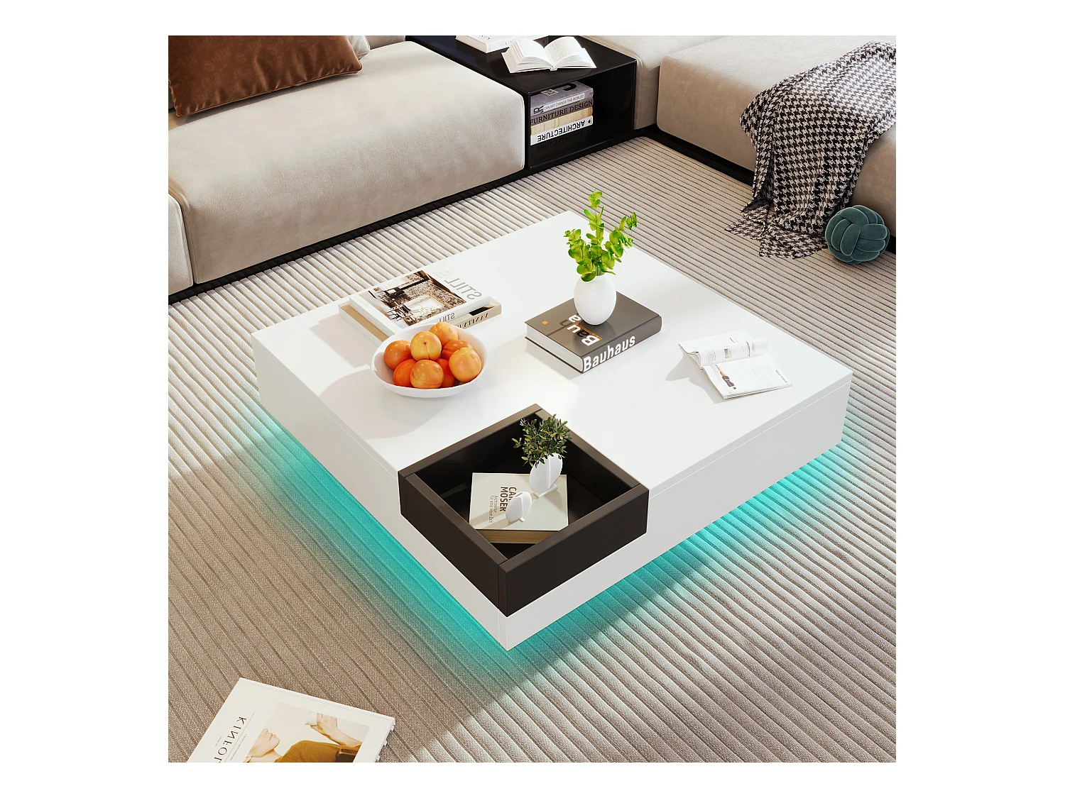 Tavolino quadrato con contenitore estraibile - 72 x 72 x 30 cm - pannelli di particelle - motivo marmo - bianco