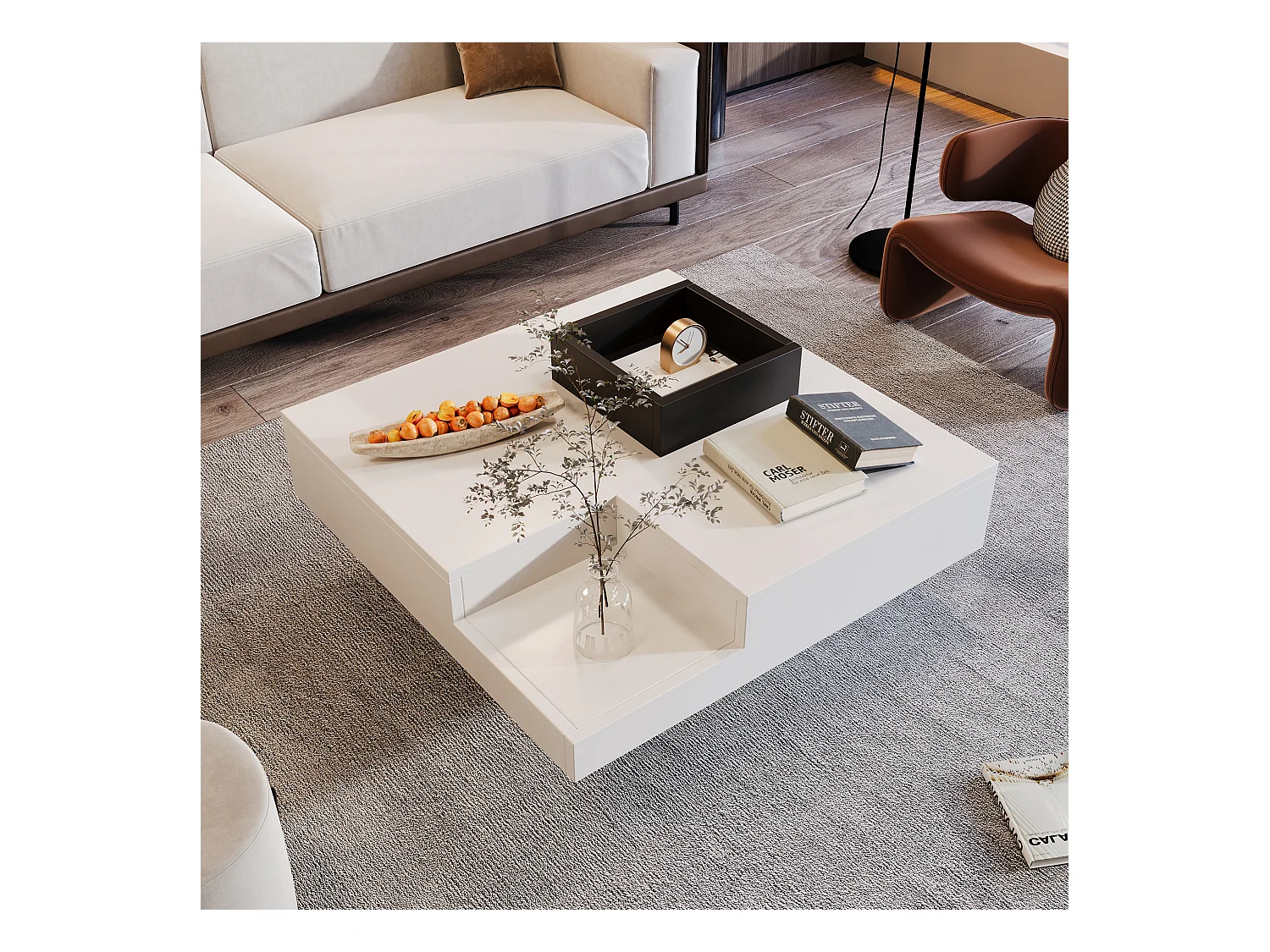 Tavolino quadrato con contenitore estraibile - 72 x 72 x 30 cm - pannelli di particelle - motivo marmo - bianco