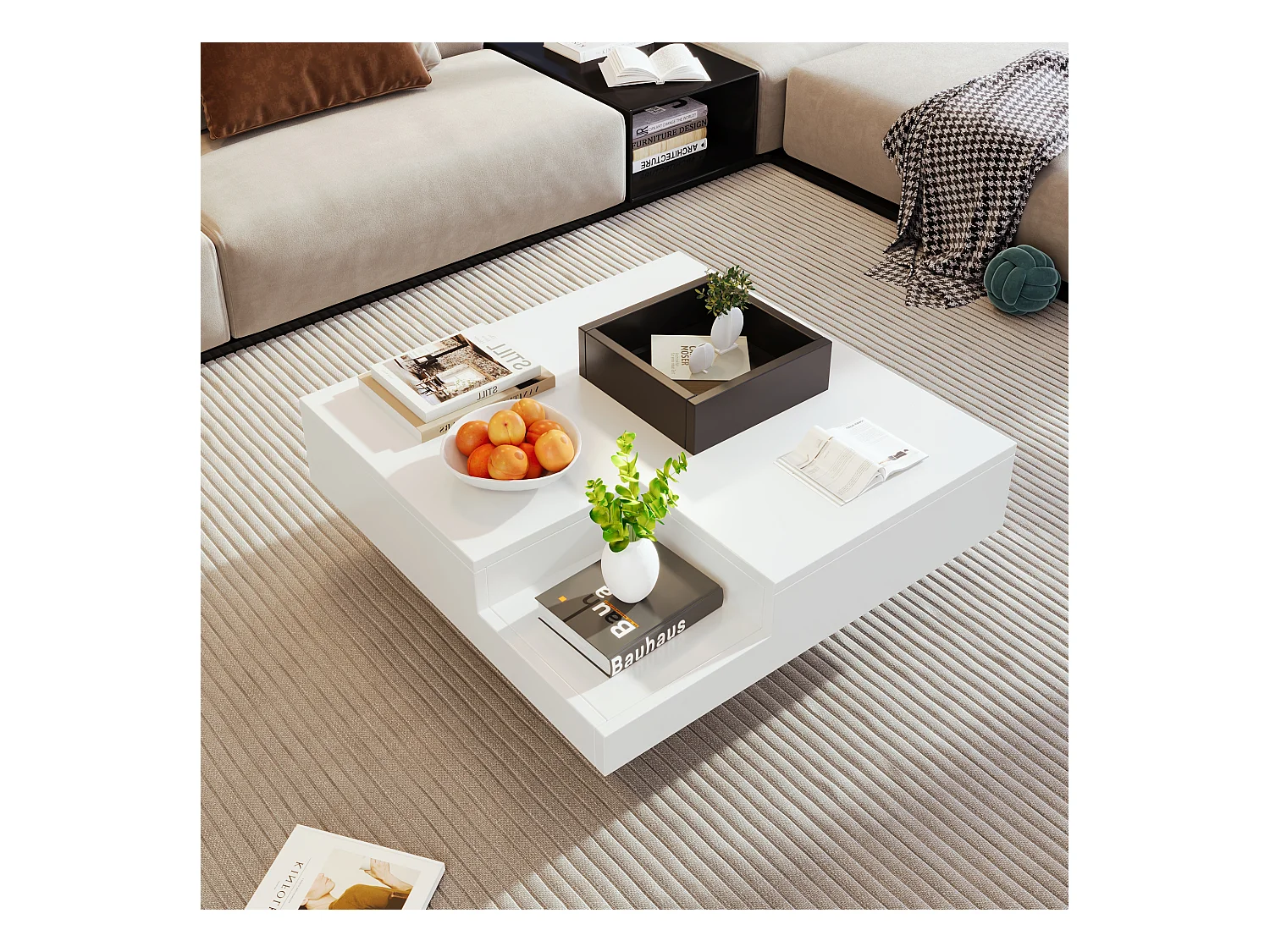 Tavolino quadrato con contenitore estraibile - 72 x 72 x 30 cm - pannelli di particelle - motivo marmo - bianco