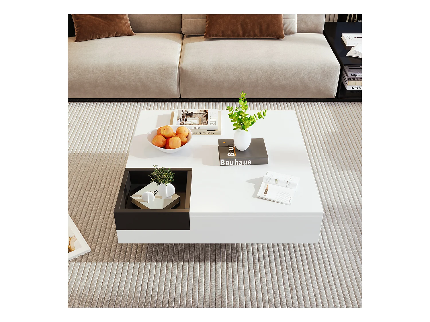 Tavolino quadrato con contenitore estraibile - 72 x 72 x 30 cm - pannelli di particelle - motivo marmo - bianco