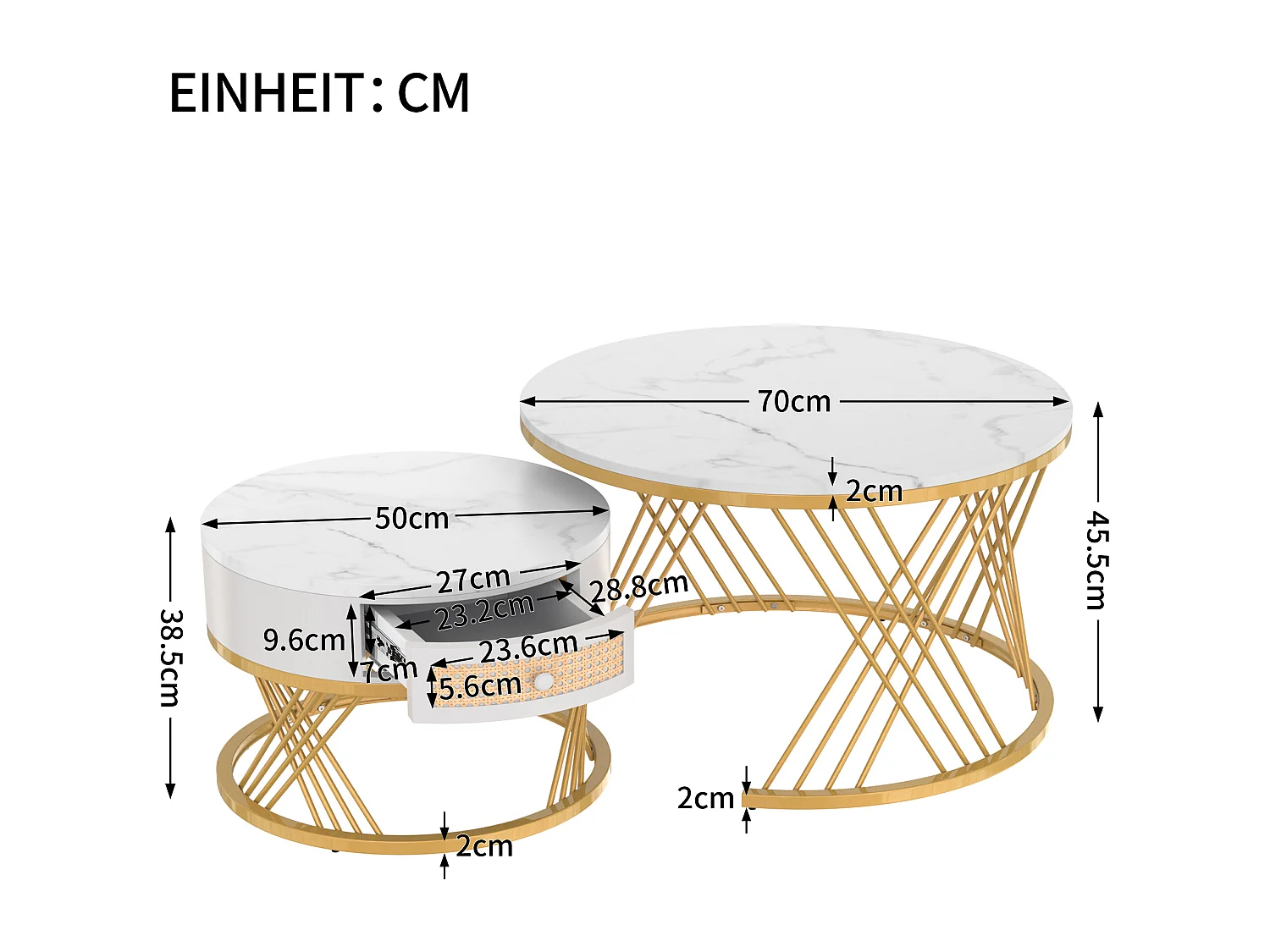 Zestaw 2 składanych stolików kawowych z szufladą - MDF, drewno i metal - blat z wzorem marmuru - biały