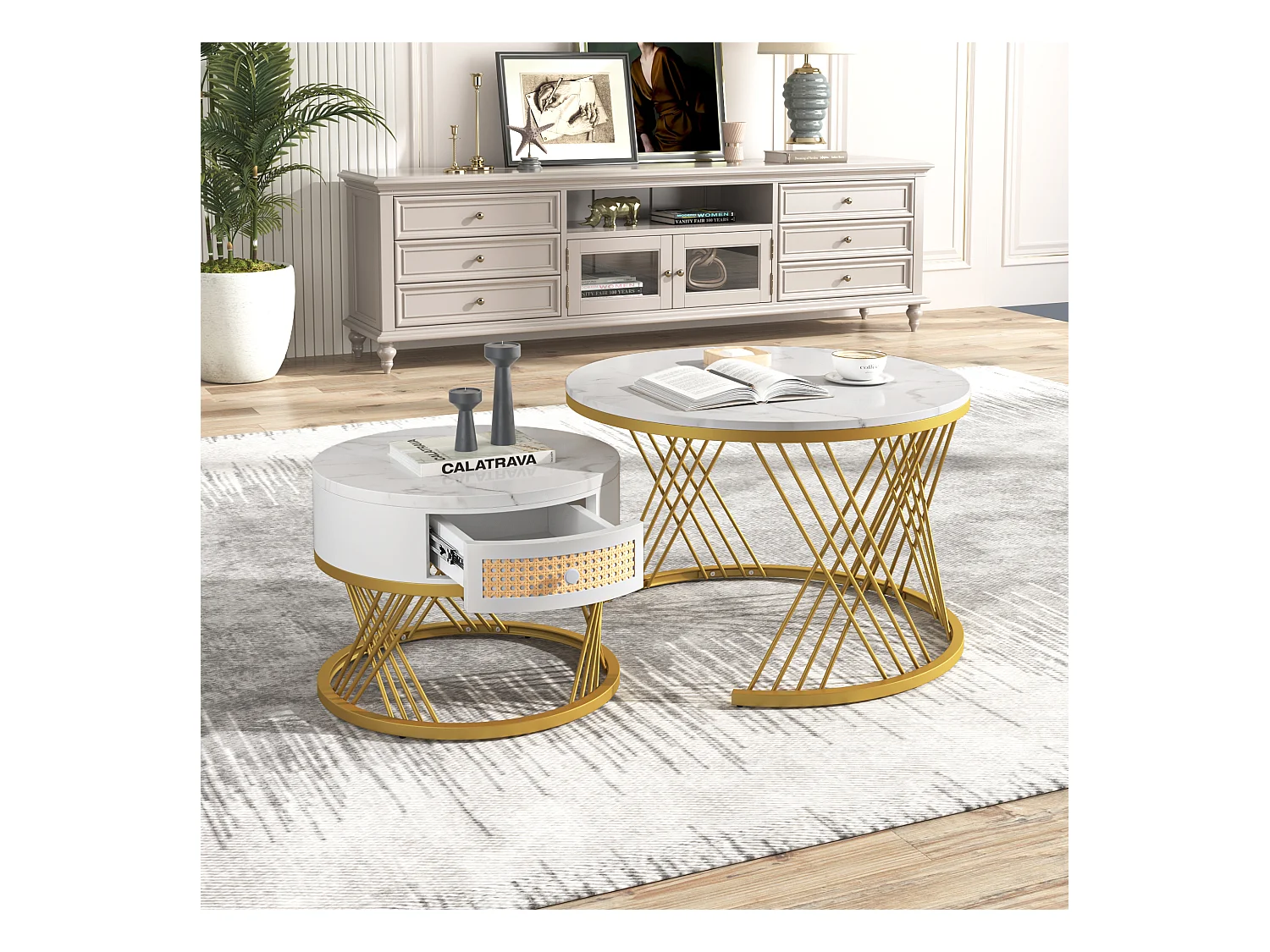 Set van 2 in elkaar geschoven salontafels met lade - MDF hout en metaal - blad met marmerpatroon - wit