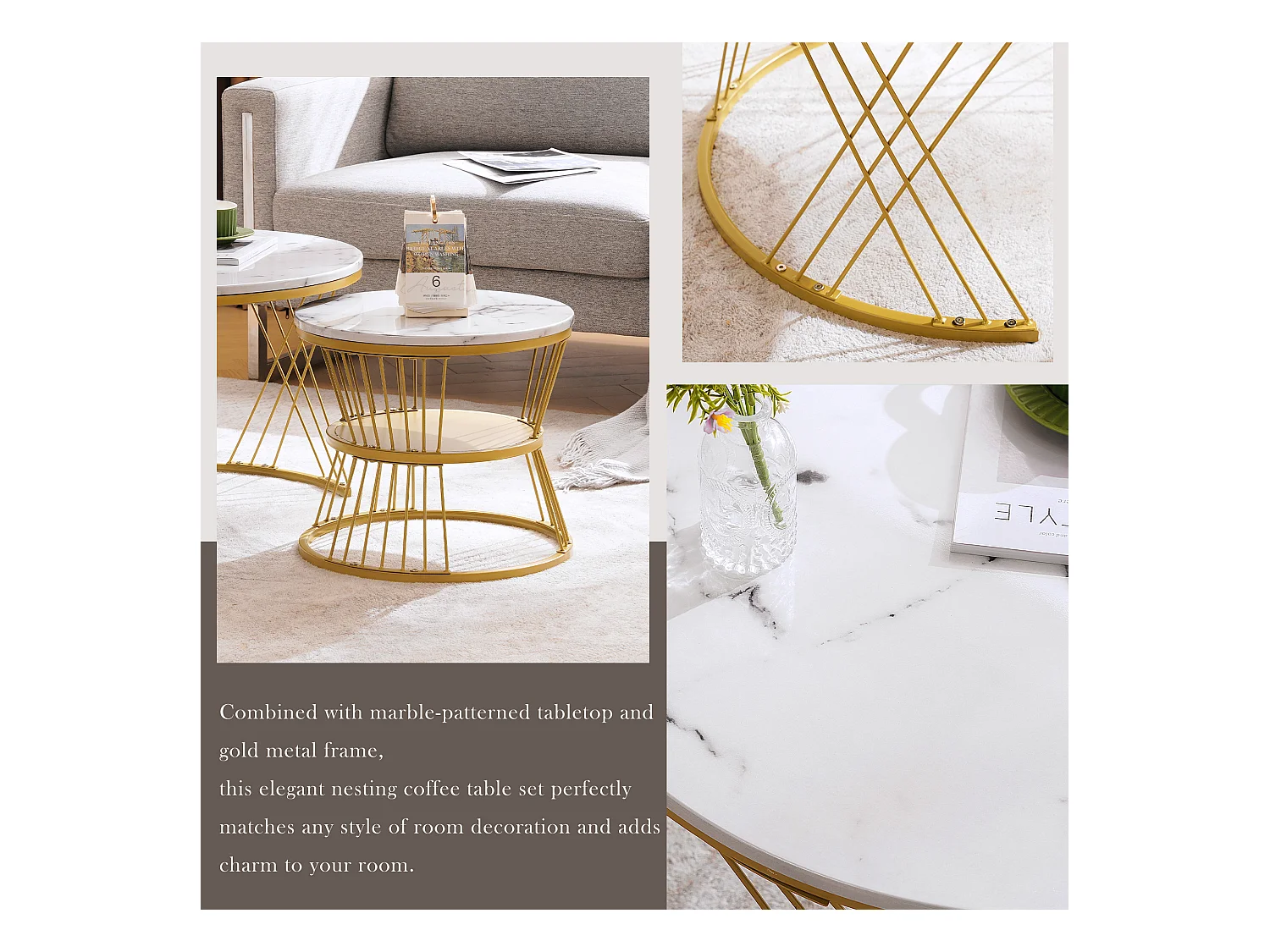 Lot de 2 tables basses gigognes avec étagère - bois MDF et métal - plateaux en motif marbre - blanc