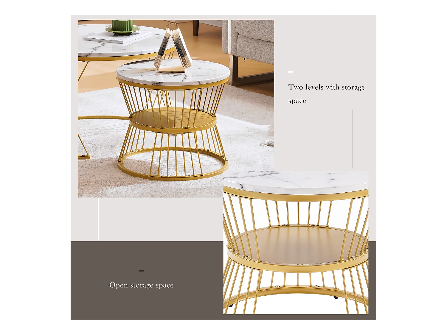 Lot de 2 tables basses gigognes avec étagère - bois MDF et métal - plateaux en motif marbre - blanc