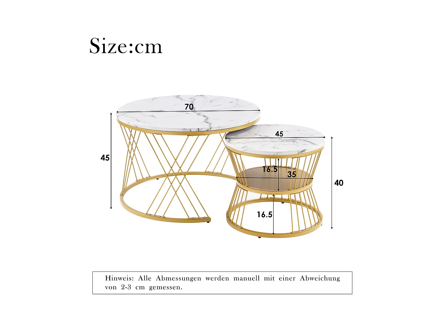 Lot de 2 tables basses gigognes avec étagère - bois MDF et métal - plateaux en motif marbre - blanc