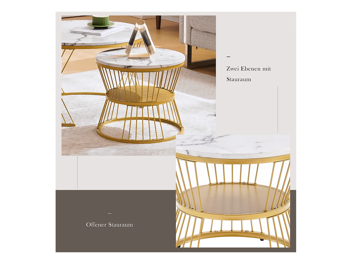 Lot de 2 tables basses gigognes avec étagère - bois MDF et métal - plateaux en motif marbre - blanc