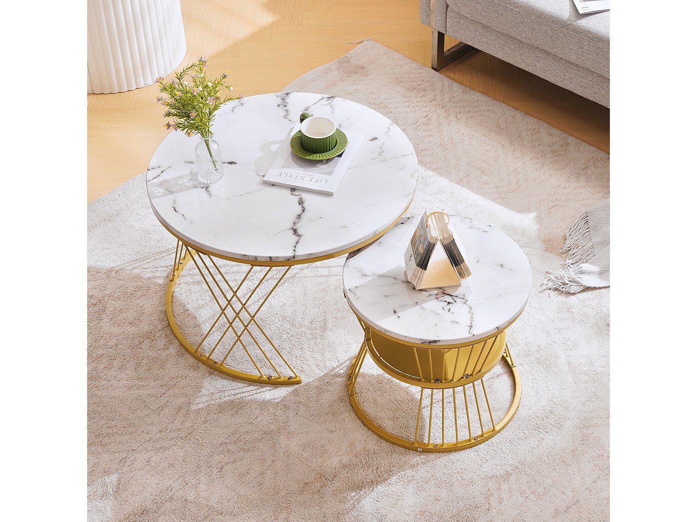 Ensemble de 2 tables basses gigognes effet marbre blanc et bois nature FJORDUS