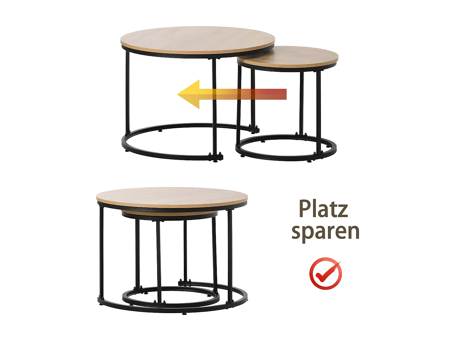 Juego de 2 mesas de centro nido y mesa auxiliar - madera MDF y patas de metal - color roble