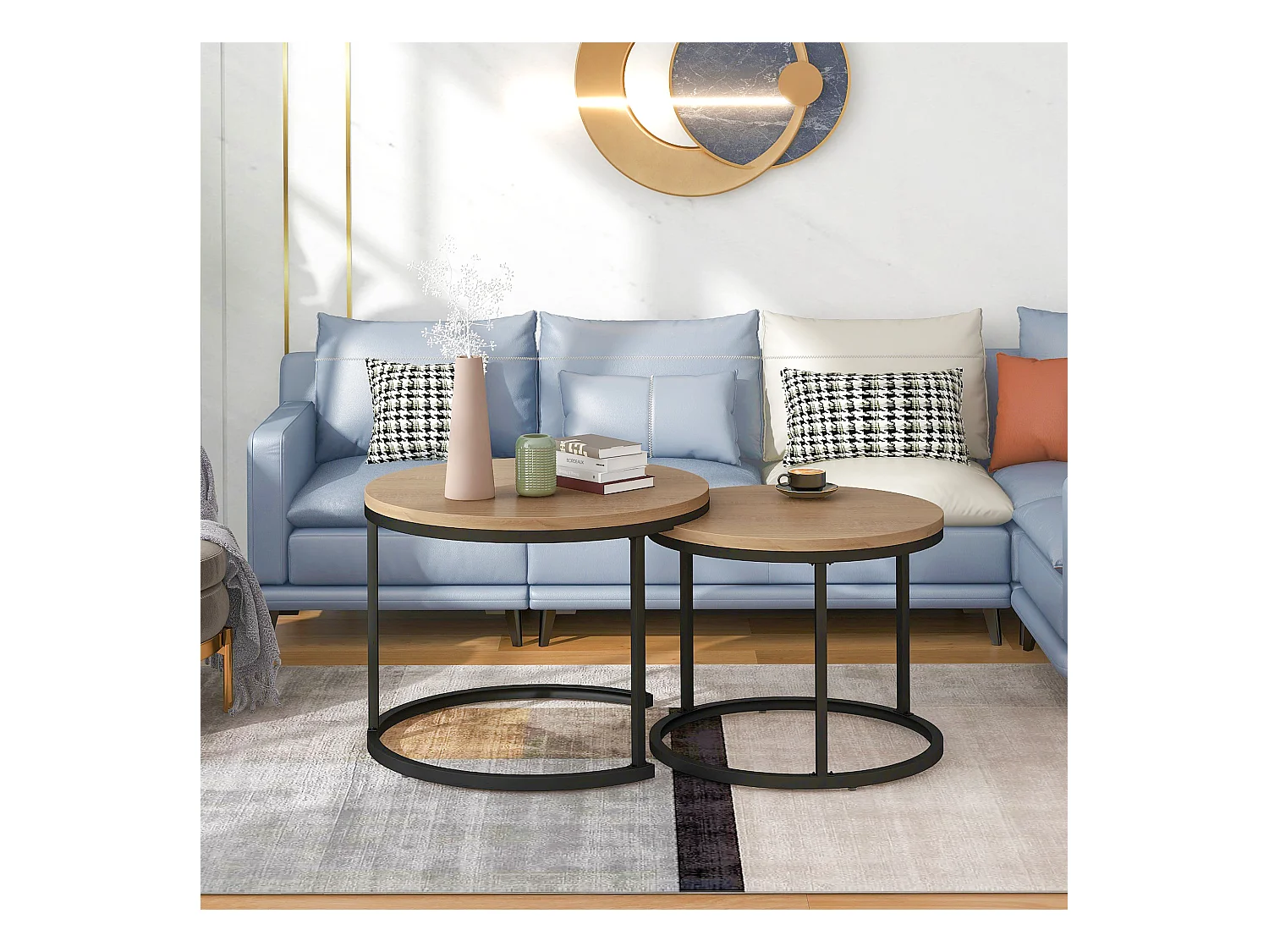 Set van 2 in elkaar passende salontafels, bijzettafel - MDF-hout en metalen poten - eikenkleur