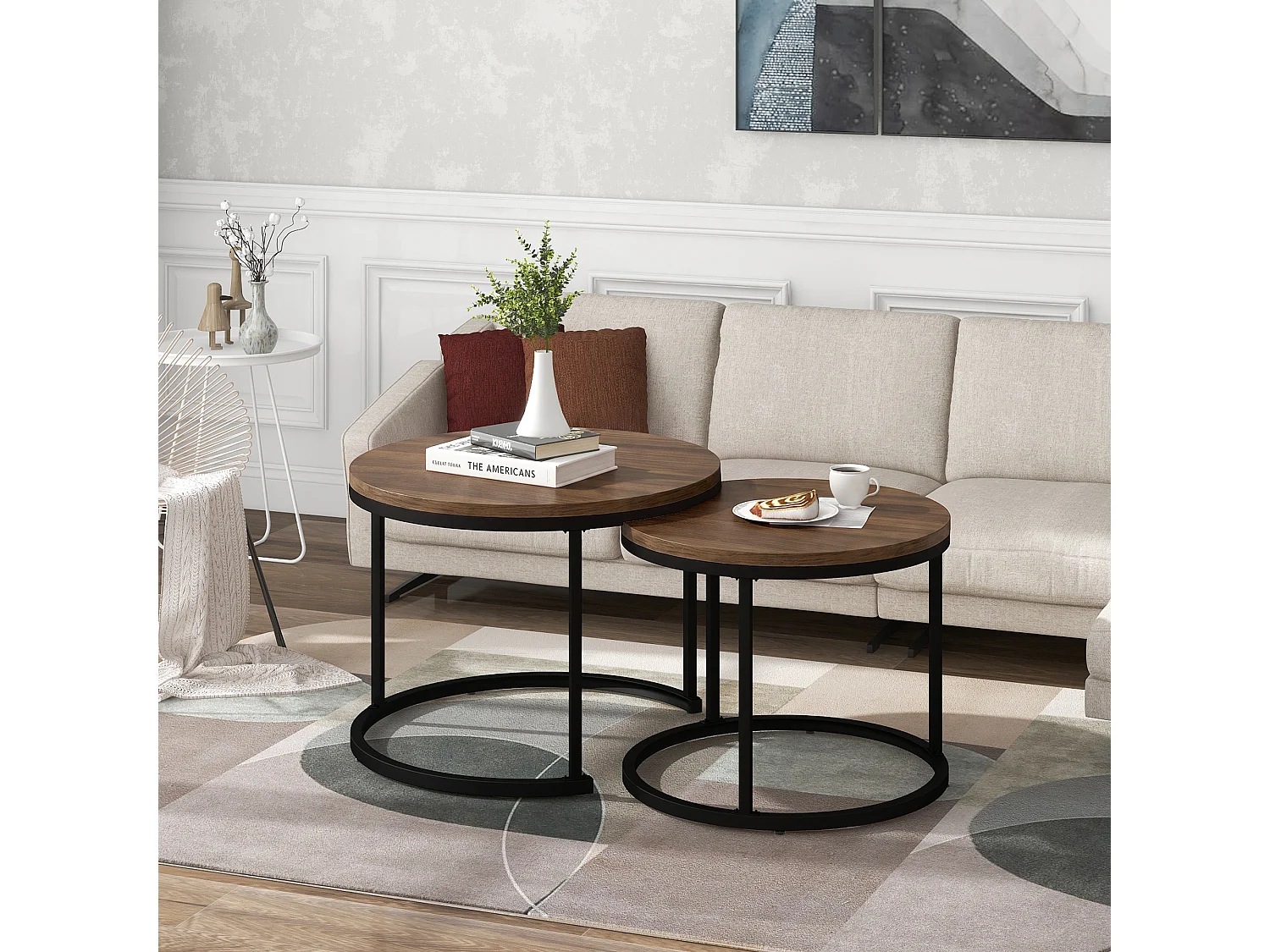 Conjunto de 2 mesas de centro encaixáveis, mesa de apoio – madeira MDF e pés de metal – Nogueira + preto