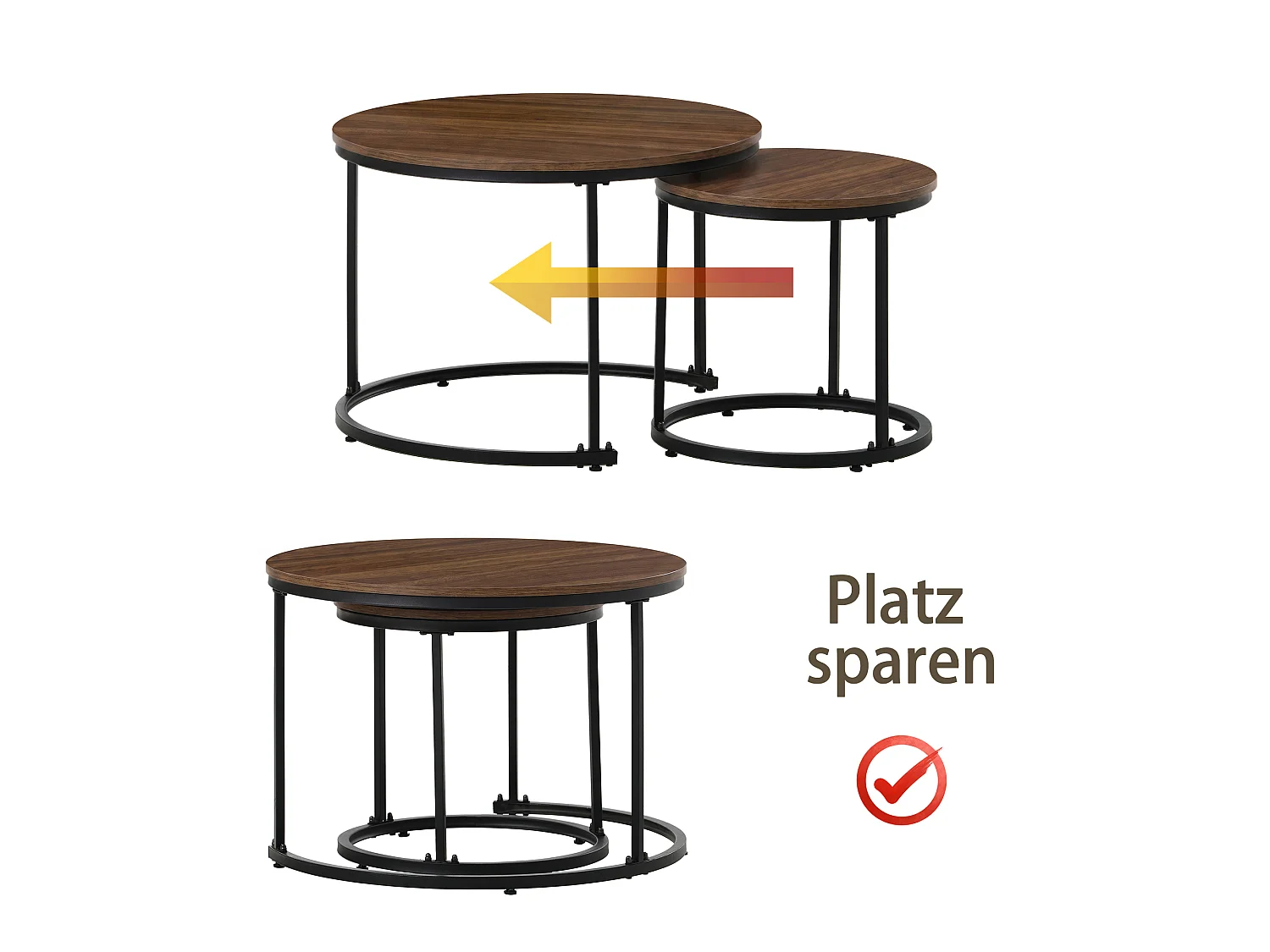 Conjunto de 2 mesas de centro encaixáveis, mesa de apoio – madeira MDF e pés de metal – Nogueira + preto