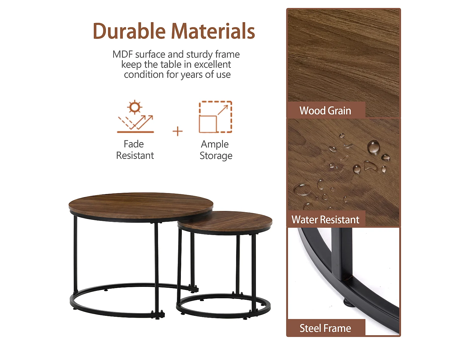 Conjunto de 2 mesas de centro encaixáveis, mesa de apoio – madeira MDF e pés de metal – Nogueira + preto
