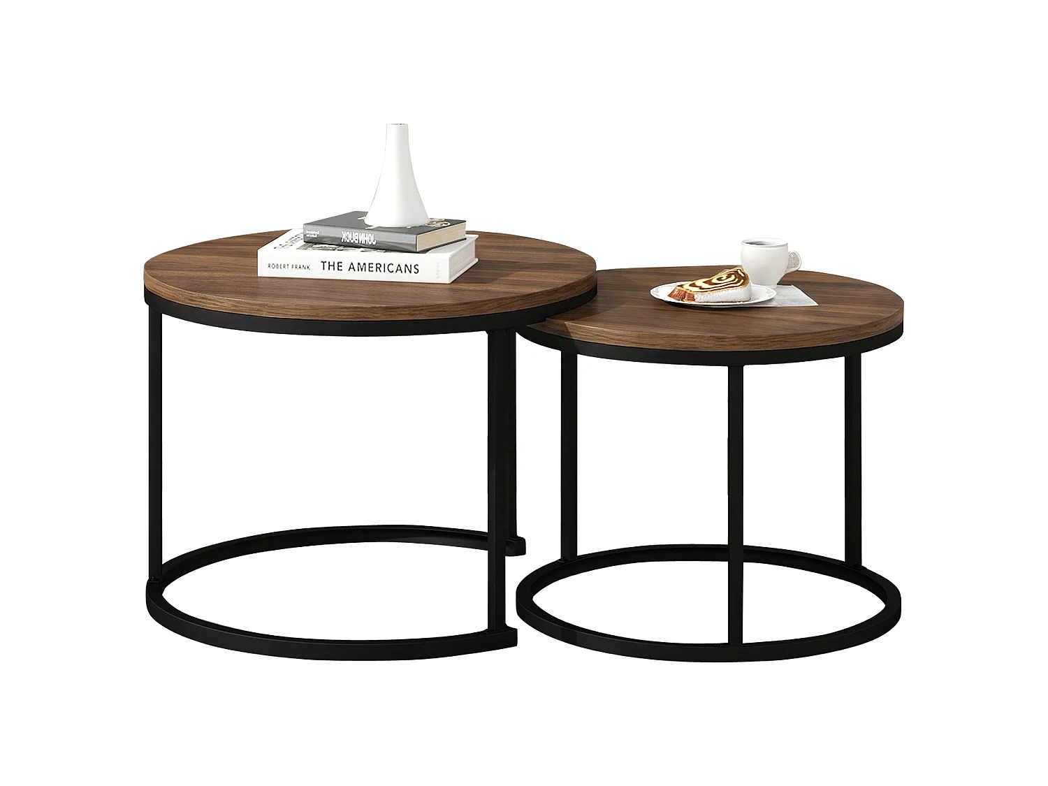 Conjunto de 2 mesas de centro encaixáveis, mesa de apoio – madeira MDF e pés de metal – Nogueira + preto