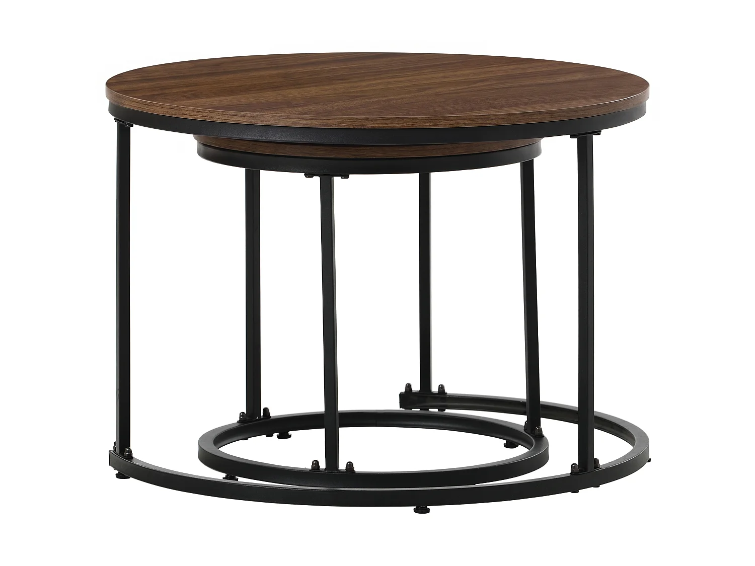 Conjunto de 2 mesas de centro encaixáveis, mesa de apoio – madeira MDF e pés de metal – Nogueira + preto