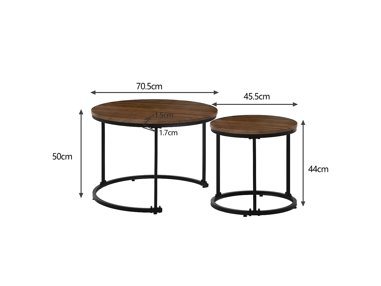 Conjunto de 2 mesas de centro encaixáveis, mesa de apoio – madeira MDF e pés de metal – Nogueira + preto