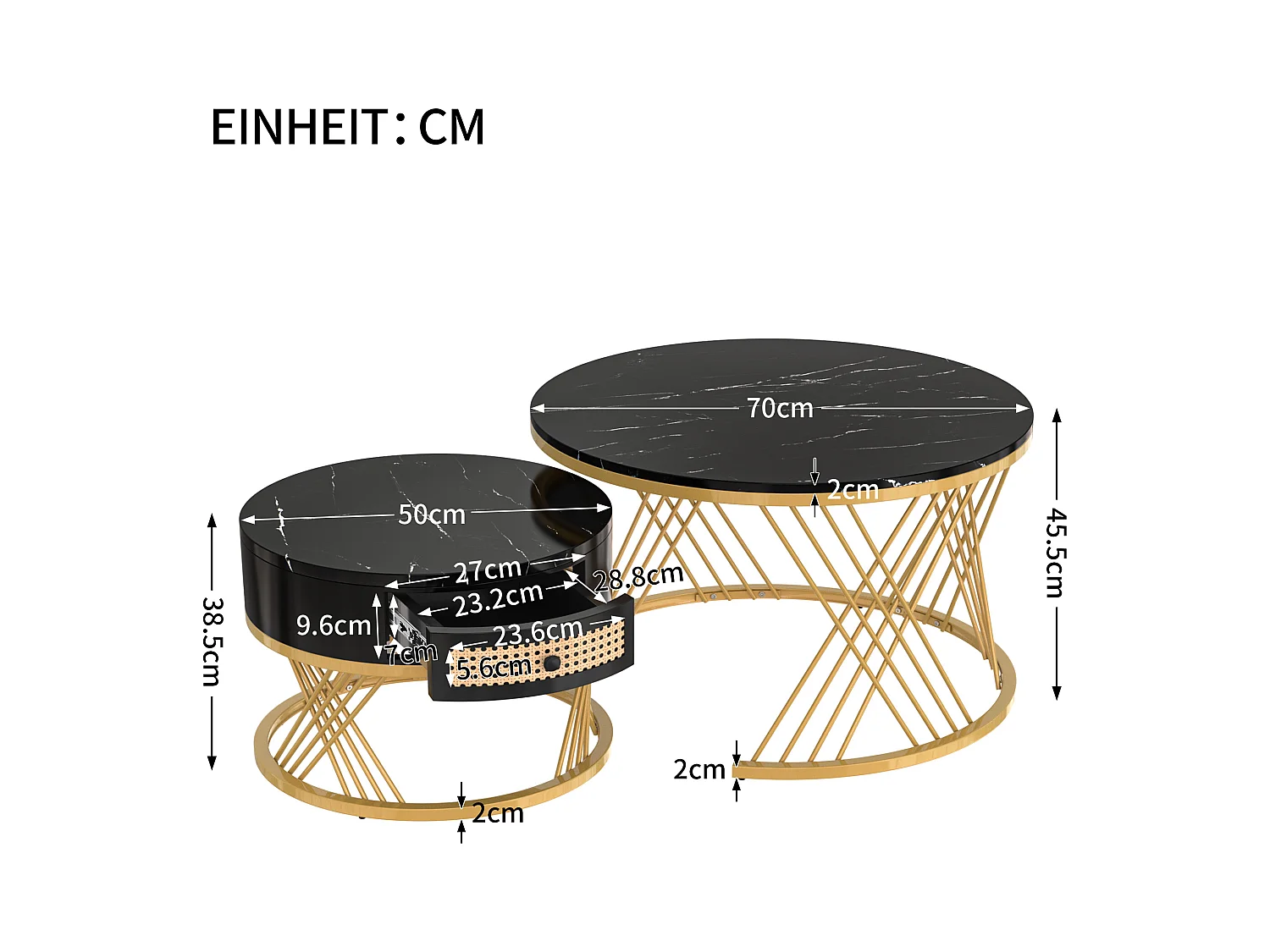 Set van 2 in elkaar geschoven salontafels met lade - MDF hout en metaal - blad met marmerpatroon - zwart