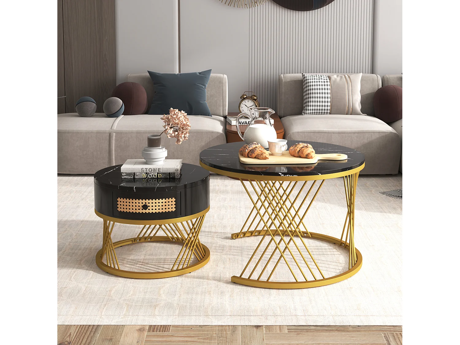 Lot de 2 tables basses gigognes avec tiroir - bois MDF et métal - plateau en motif marbre - noir