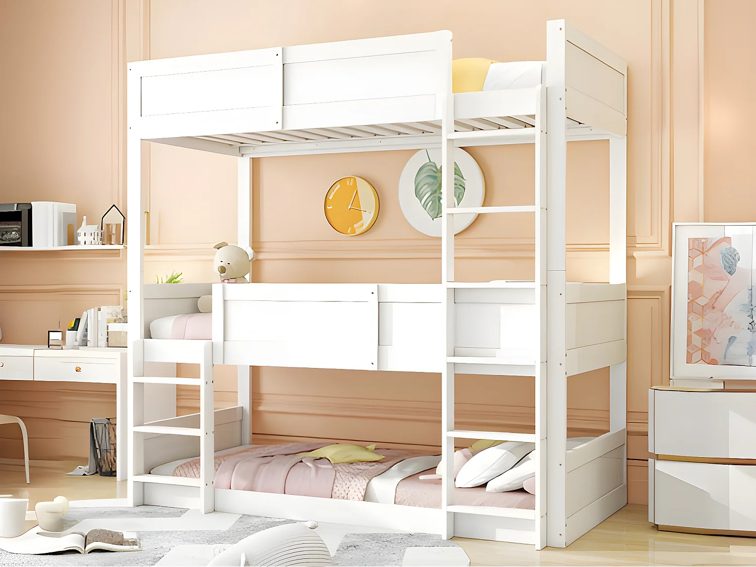 Beliche 3x90x200 cm em madeira maciça - com 2 bases de ripado - Branco