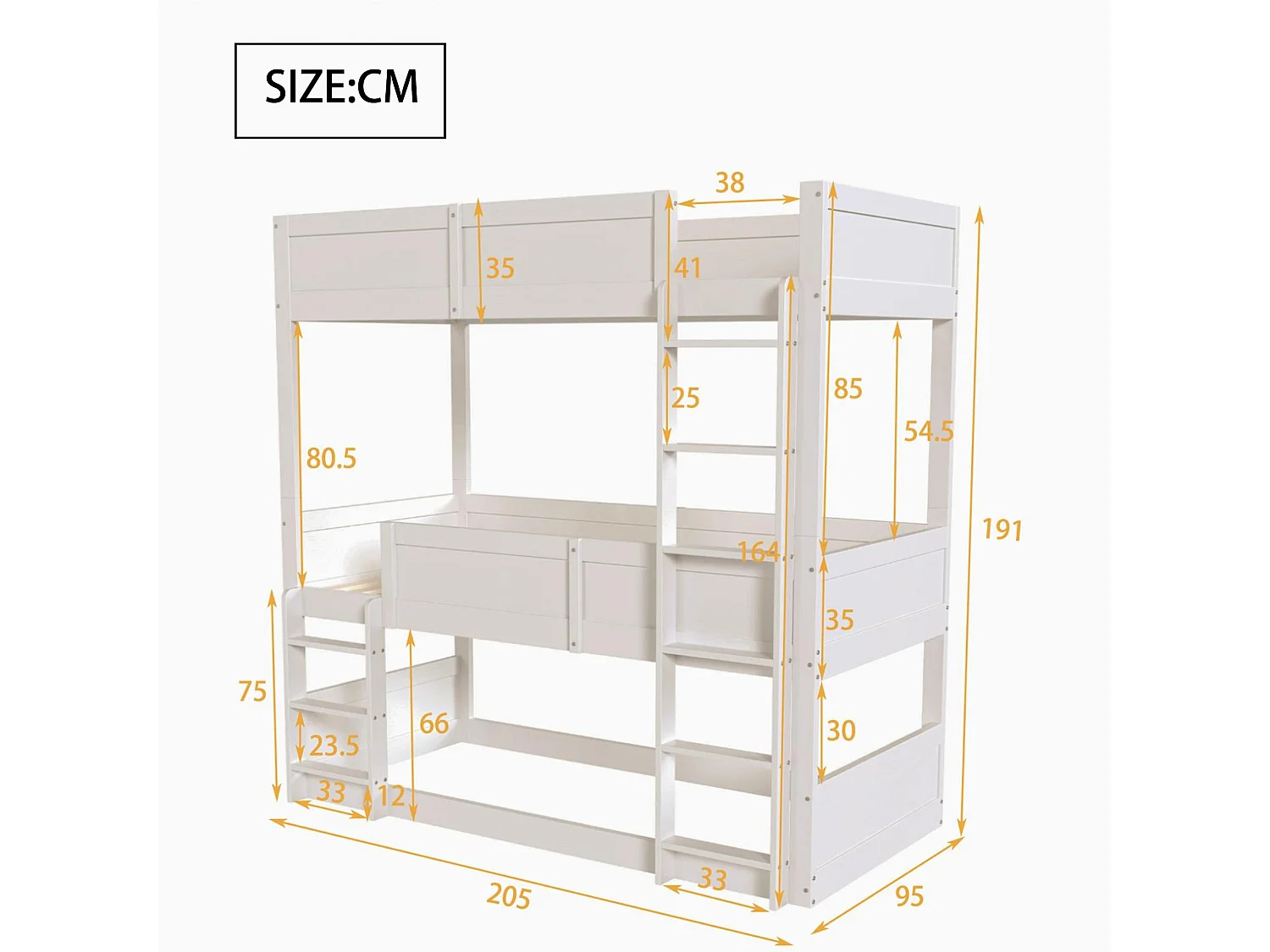 Beliche 3x90x200 cm em madeira maciça - com 2 bases de ripado - Branco