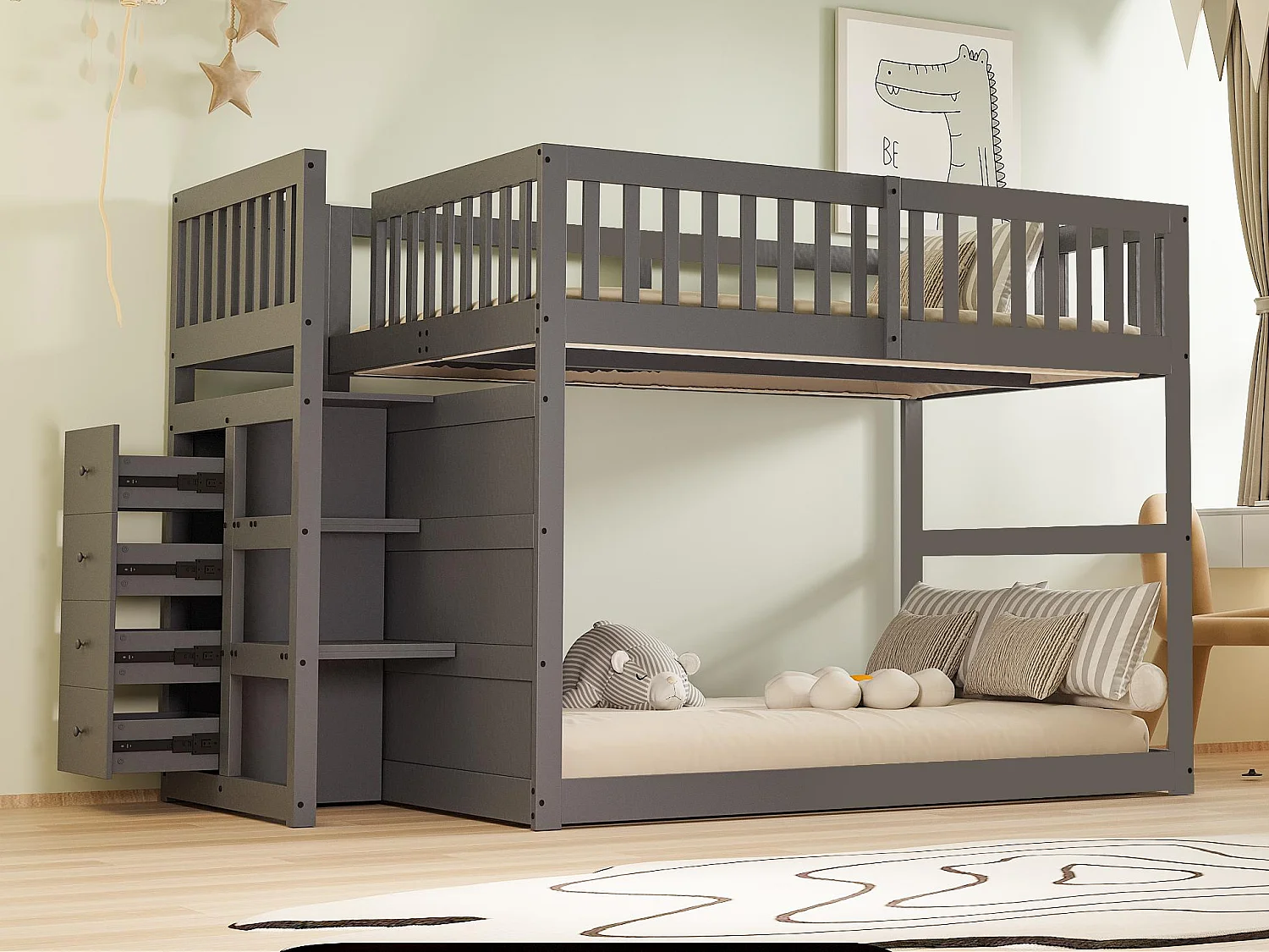 Etagenbett 140x200cm aus Massivholz – mit 4 seitlichen Schubladen – Grau