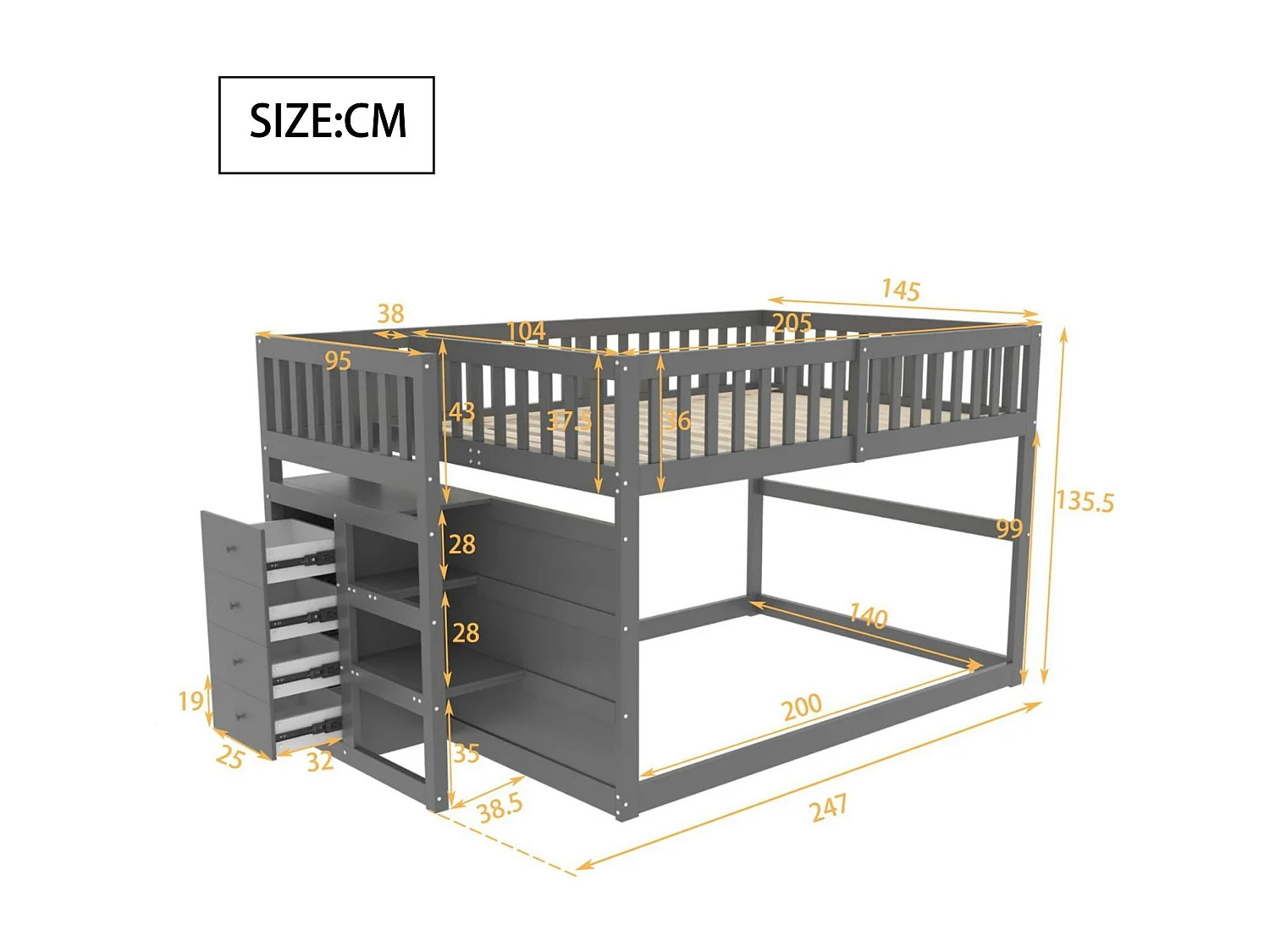 Etagenbett 140x200cm aus Massivholz – mit 4 seitlichen Schubladen – Grau