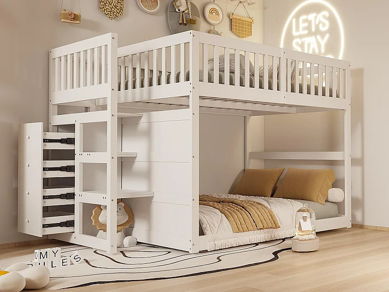 Etagenbett 140x200cm aus Massivholz – mit 4 seitlichen Schubladen – Weiß