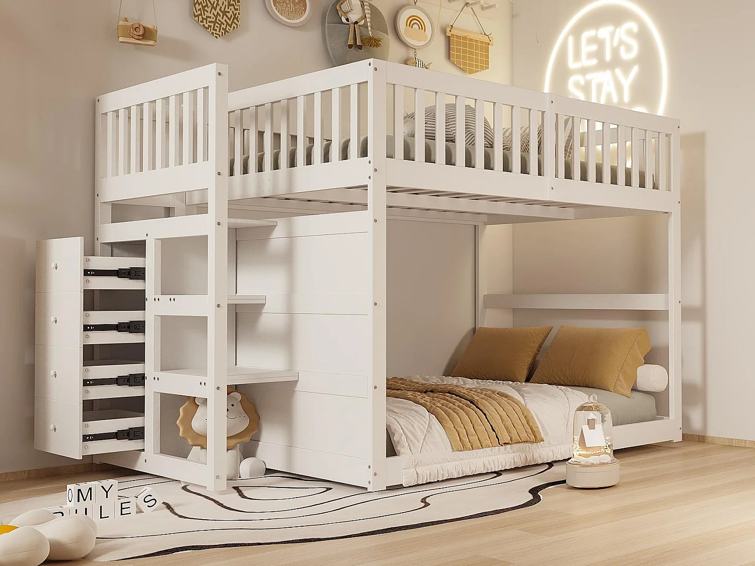 Litera 140x200cm de madera maciza - con 4 cajones laterales - Blanco