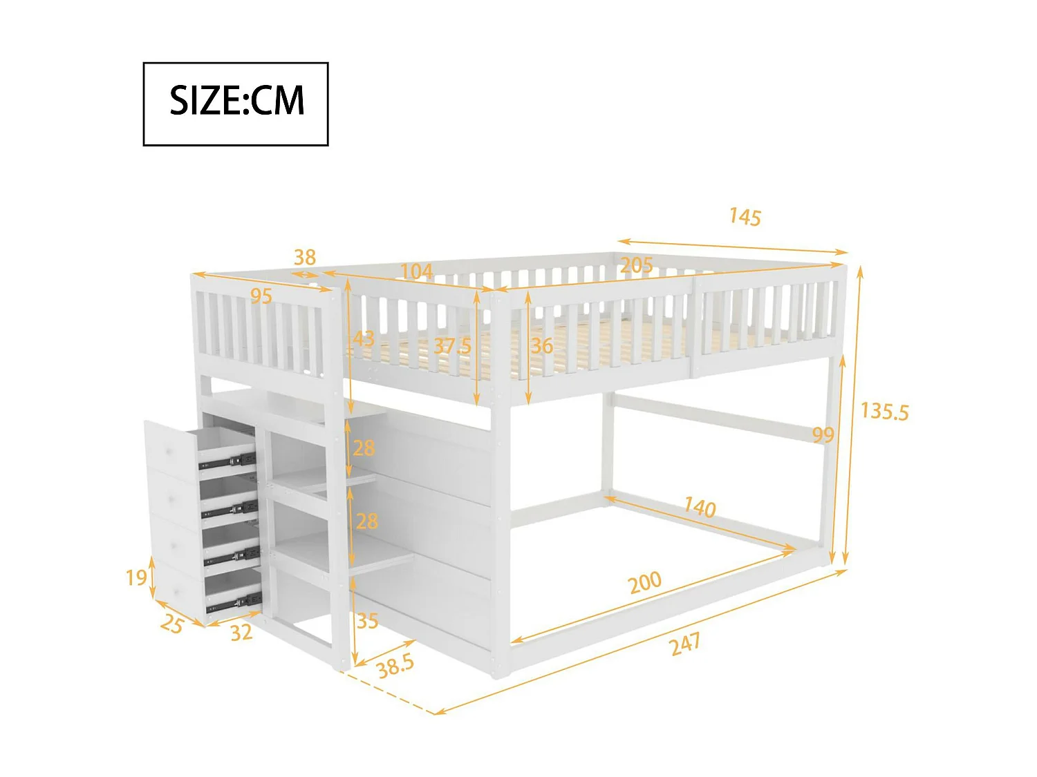 Litera 140x200cm de madera maciza - con 4 cajones laterales - Blanco