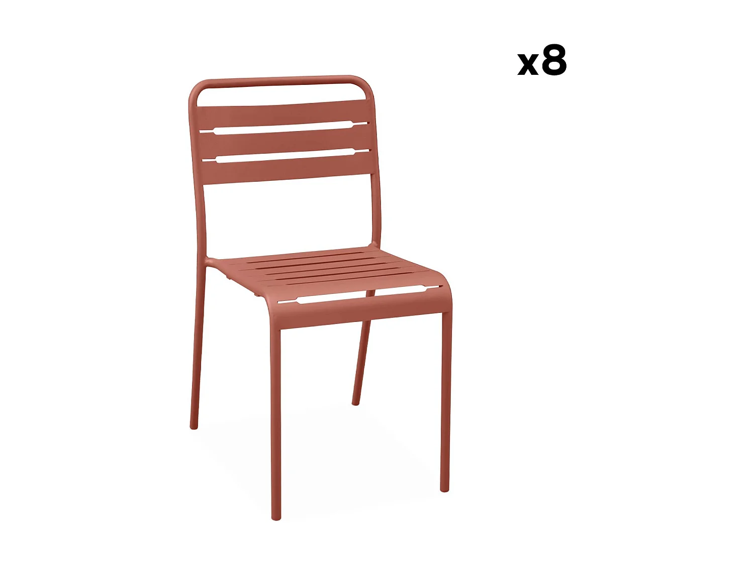 Table de jardin métal + 8 assises terracotta traitement antirouille. lattes et bords arrondis