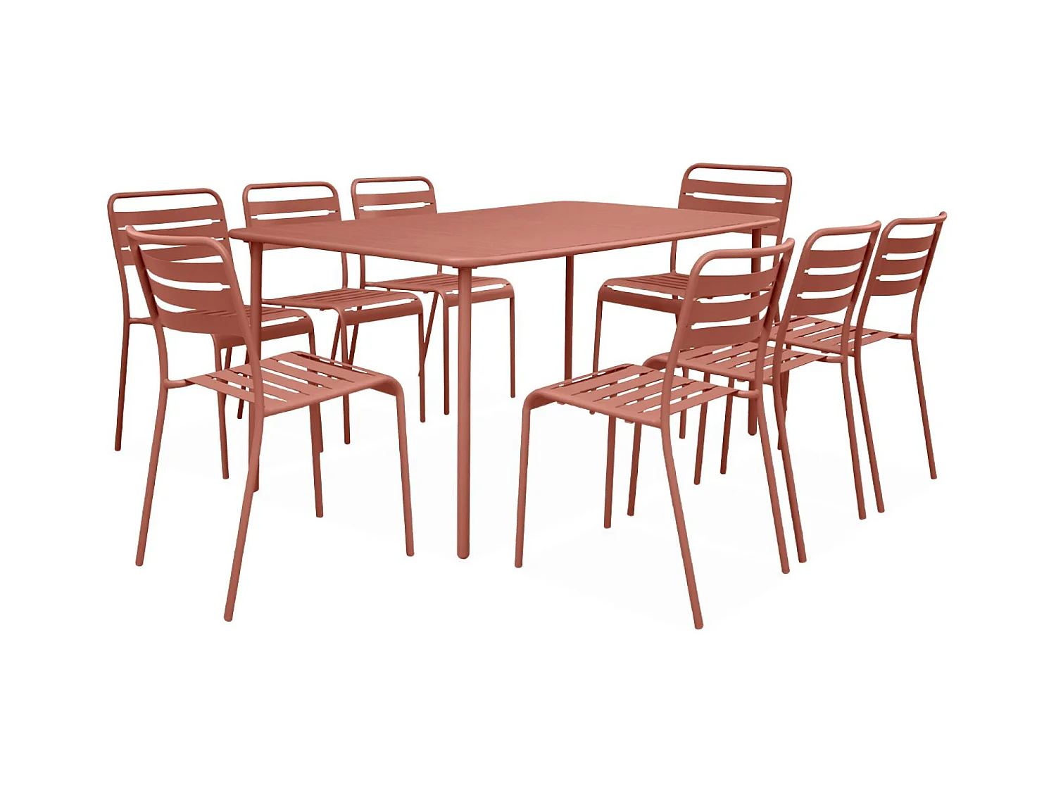Table de jardin métal + 8 assises terracotta traitement antirouille. lattes et bords arrondis