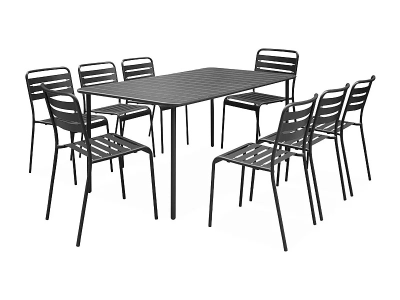 Table de jardin métal + 8 assises anthracite traitement antirouille. lattes et bords arrondis