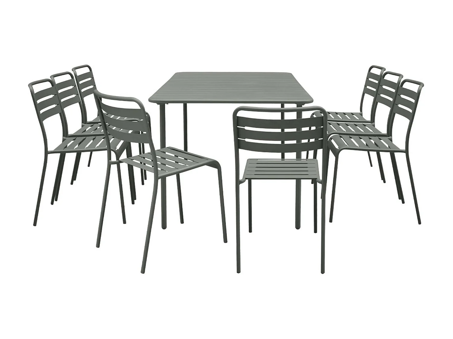 Table de jardin métal + 8 assises kaki traitement antirouille. lattes et bords arrondis