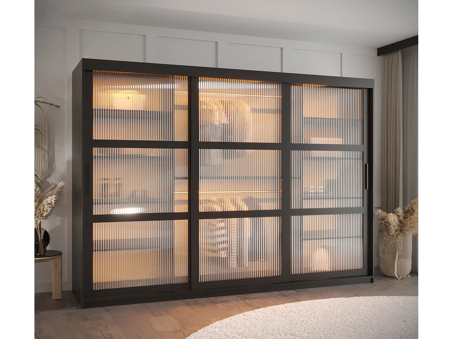 SCHWEBETÜRENSCHRANK FLUTES 200/250/62 3-türig (Schwarz)